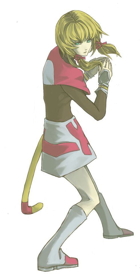 coko, mikoto (ff9), mikoto (ffix), final fantasy, final fantasy ix, 00s, 1girl, black shirt, blonde hair, boots, breasts, facing viewer, female focus, fighting stance, floating hair, full body, gloves, green eyes, hair ornament, hair tie, hands up, long sleeves, looking at viewer, medium breasts, medium hair, multicolored boots, multicolored skirt, parted lips, pink boots, pink skirt, shirt, simple background, skirt, solo, standing, tail, tail ornament, twintails, white background, white boots, white skirt