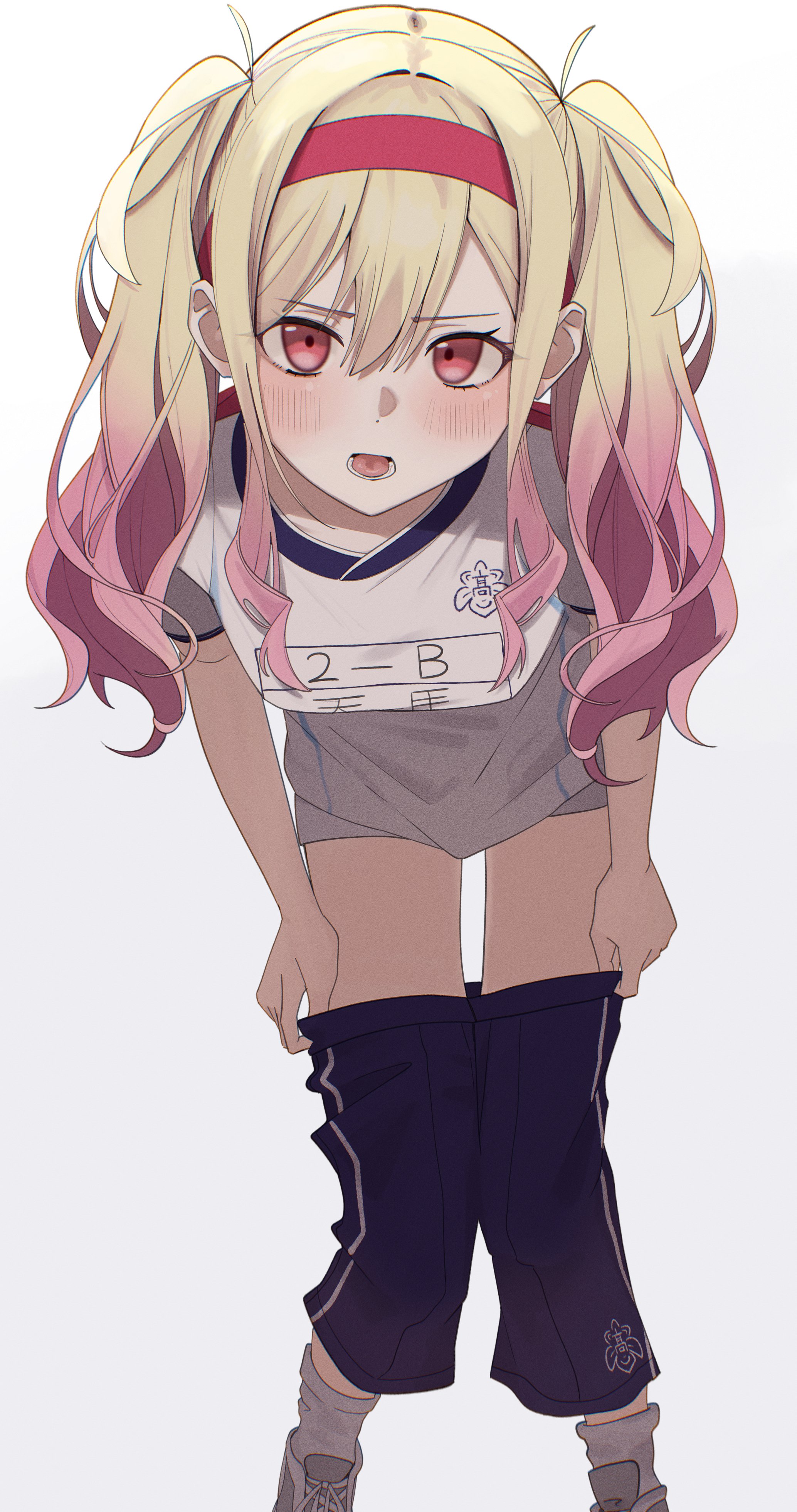 nemu (jdgz3357), tenma saki, project sekai, absurdres, highres, 1girl, blonde hair, blush, gradient hair, gym shirt, gym shorts, gym uniform, long hair, looking at viewer, multicolored hair, open mouth, pink eyes, pink hair, removing pants, shirt, short sleeves, shorts, sidelocks, solo, twintails, white background