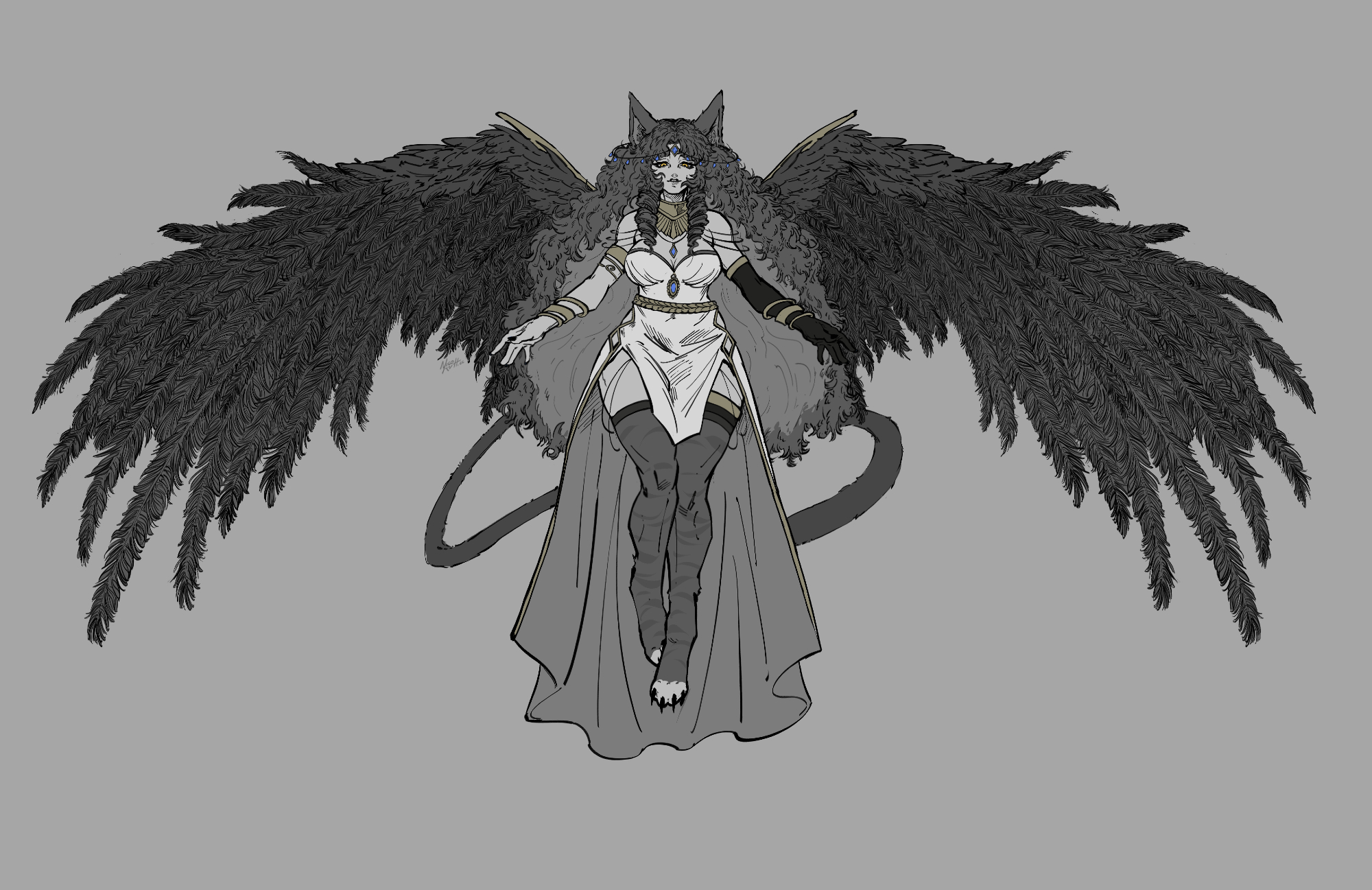 nico artt, dee the sphinx (vtuber), indie virtual youtuber, highres, animal ears, animal feet, black sleeves, feathered wings, greyscale, monochrome, simple background, thighhighs, virtual youtuber, wings, yellow eyes
