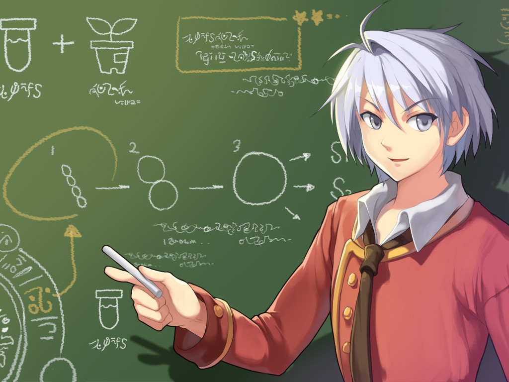 caesty, joshua von arnim, nexon, tales weaver, commentary, english commentary, official art, 1boy, arrow (symbol), buttoned cuffs, buttons, chalk, collared shirt, dated commentary, fake text, gold buttons, grey eyes, grey hair, holding, holding chalk, jacket, nenyaffle school uniform, open mouth, plant, potted plant, red jacket, red sleeves, school uniform, shadow, shirt, short hair, solo, test tube, undershirt, upper body, white shirt, wing collar