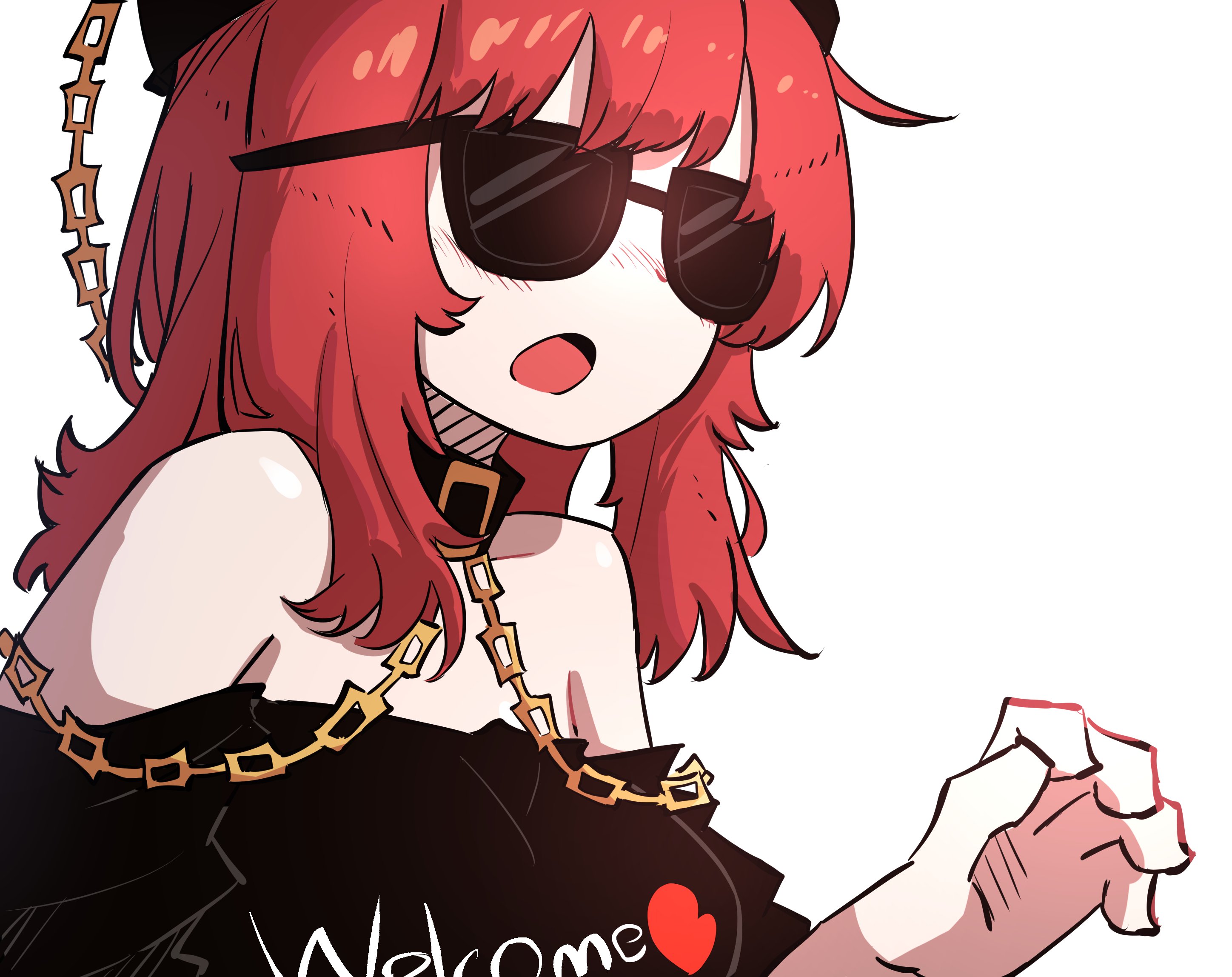 smug suriipi, hecatia lapislazuli, touhou, commentary, commission, english commentary, highres, 1girl, black collar, black shirt, breasts, collar, heart, medium breasts, medium hair, meme, off-shoulder shirt, off shoulder, open mouth, red hair, shirt, simple background, solo, sunglasses, that wasn't very cash money of you (meme), upper body, white background