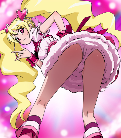 haruyama kazunori, cure peach, momozono love, fresh precure!, precure, 00s, 1girl, ass, boots, bow, female focus, from below, hair ornament, heart, heart hair ornament, knee boots, m/, magical girl, panties, pantyshot, pink boots, pink bow, pink eyes, solo, underwear, upskirt