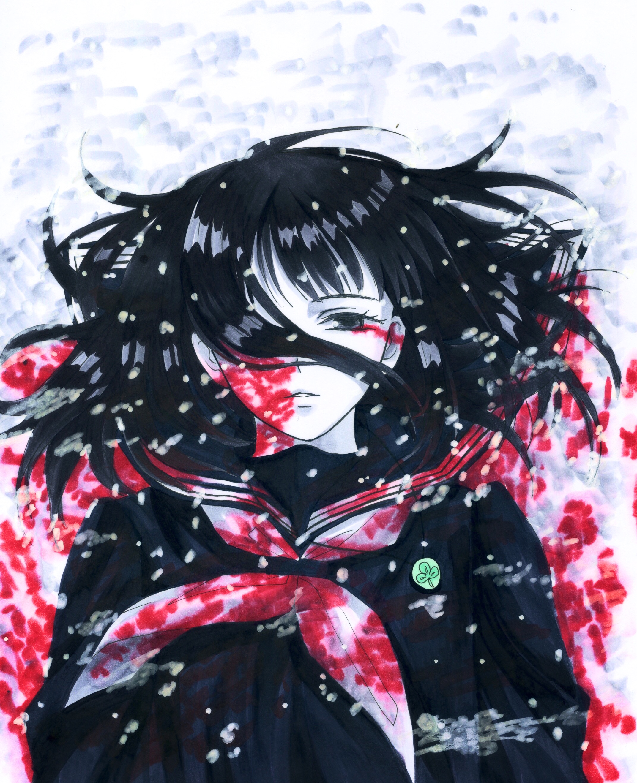 onasu (nasubinari), misumisou, absurdres, highres, marker (medium), traditional media, 1girl, badge, black hair, black sailor collar, black shirt, bleeding, blood, blood on clothes, blood on face, blood on snow, button badge, clover, day, from above, hair over one eye, hair spread out, half-closed eye, long hair, looking at viewer, lying, messy hair, neckerchief, nozaki haruka, on back, on ground, one eye covered, outdoors, pale skin, sailor collar, school uniform, serafuku, shirt, snow, snowing, solo, white neckerchief
