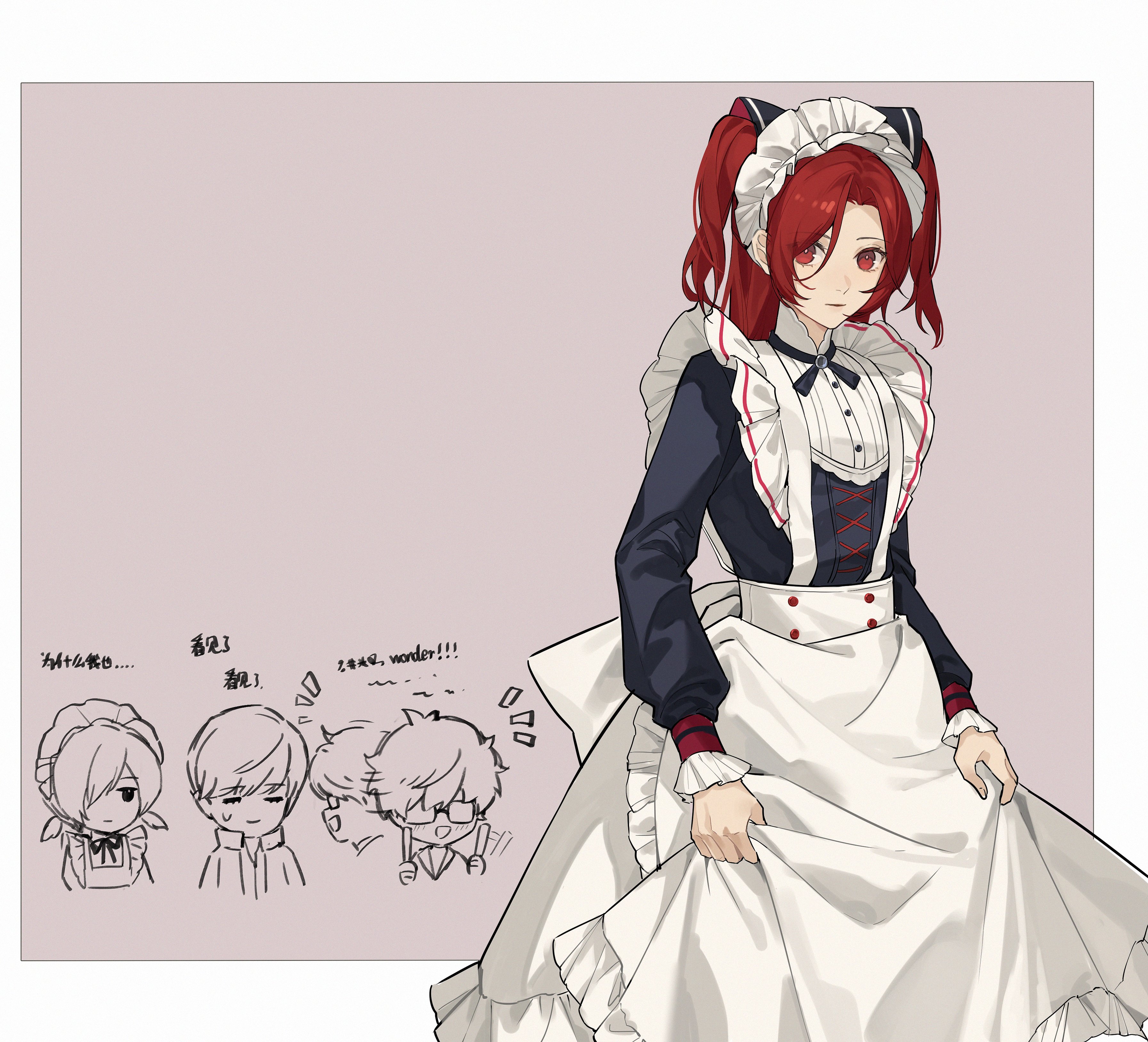 amamiya ren, narukami yu, yuuki makoto (persona 3), persona, persona 3, persona 3: dancing moon night, persona 4, persona 5, persona 5: the phantom x, persona dancing, absurdres, commentary, english commentary, highres, translation request, 4boys, alternate costume, apron, apron hold, back bow, black shirt, border, bow, chibi, chibi inset, enmaided, feet out of frame, grey background, hairband, iroin11, kamishiro nagisa, long hair, long sleeves, looking to the side, maid, maid apron, maid headdress, male focus, multiple boys, outside border, red eyes, red hair, shirt, skirt, solo focus, two side up, white apron, white border, white bow, white hairband, white skirt