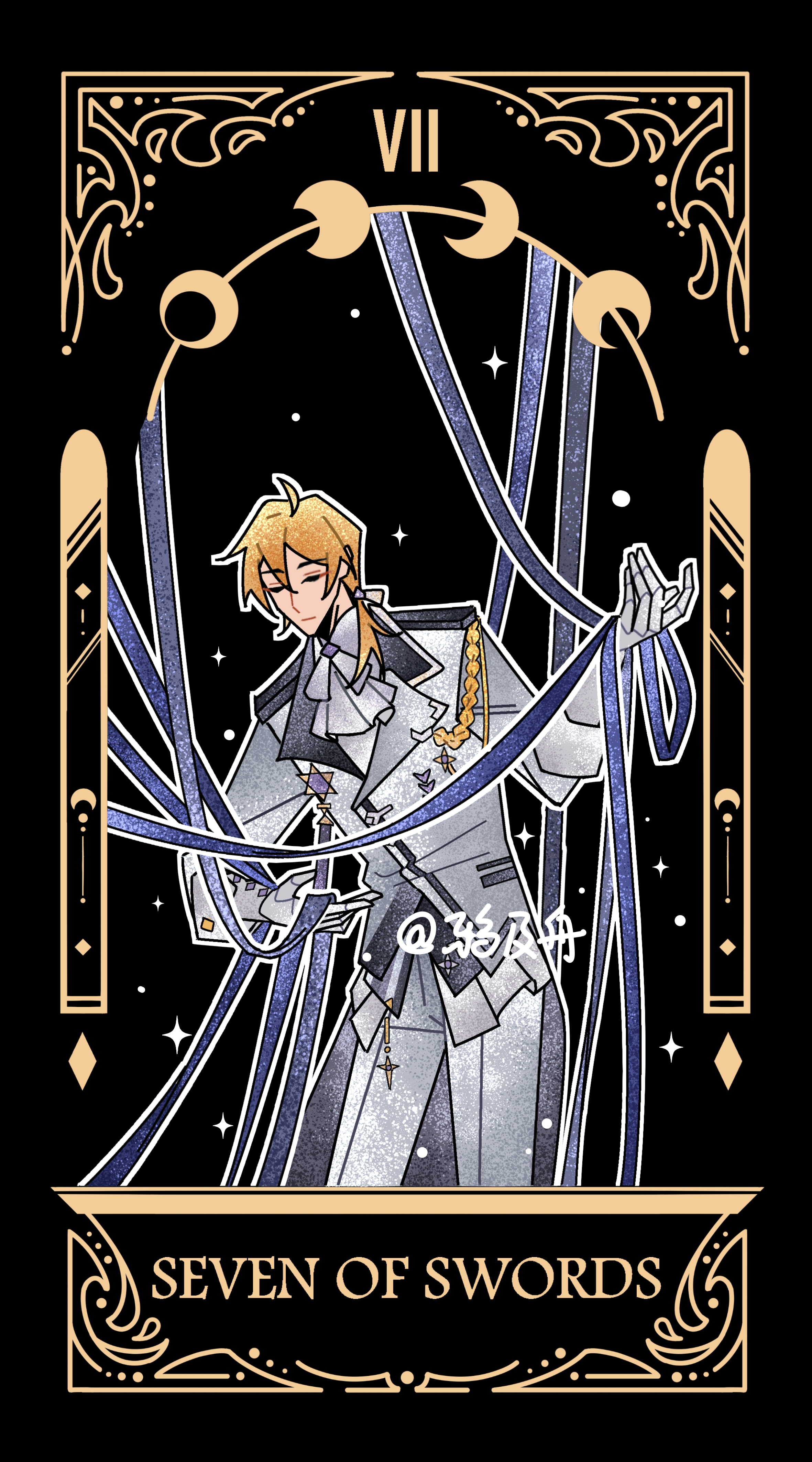 alkaid mcgrath, alkaid mcgrath (awakening), lovebrush chronicles, absurdres, highres, 1boy, ahoge, aiguillette, ascot, black background, black vest, blonde hair, blue ribbon, card (medium), closed eyes, closed mouth, coat, collared shirt, cowboy shot, dancing, english text, gloves, green eyes, grey coat, hair between eyes, hair over shoulder, hair ribbon, hand up, holding, holding ribbon, leaning forward, long sleeves, low ponytail, male focus, medal, medium hair, military uniform, moon phases, outline, pants, ponytail, ribbon, roman numeral, seven of swords, shirt, simple background, sleeve cuffs, solo, sparkle, standing, tarot, tarot (medium), untucked shirt, vest, white ascot, white gloves, white outline, white pants, white shirt, ya ji zhou