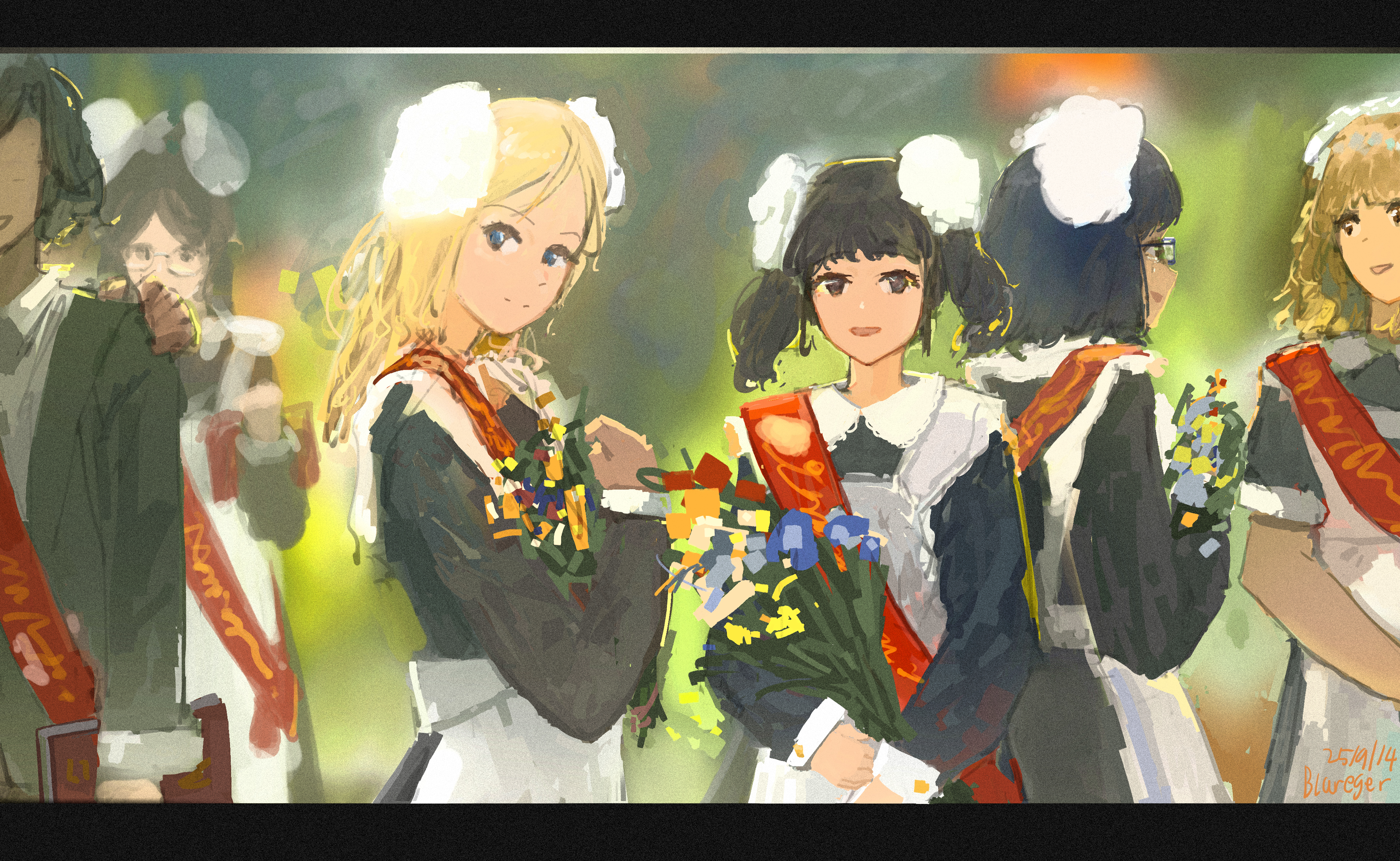 original, absurdres, highres, 1boy, 5girls, apron, black dress, black hair, blareger, blonde hair, blue eyes, blurry, blurry background, book, bouquet, closed mouth, collared dress, dated, dress, film grain, flower, glasses, graduation, hair ornament, hair scrunchie, hand up, heavy film grain, holding, holding book, holding bouquet, letterboxed, long sleeves, looking at another, looking at viewer, medium hair, multiple girls, open mouth, parted bangs, red sash, sash, school uniform, scrunchie, short sleeves, short twintails, signature, sleeve cuffs, smile, soviet, soviet school uniform, split mouth, twintails, upper body, white apron