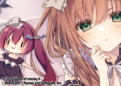 inugami kira, z/x, lowres, official art, 1girl, :o, brown hair, character doll, close-up, copyright notice, doll, green eyes, hair between eyes, kurosaki kasuga, looking at viewer, neck ribbon, nei (z/x), ribbon, white mouth, white ribbon
