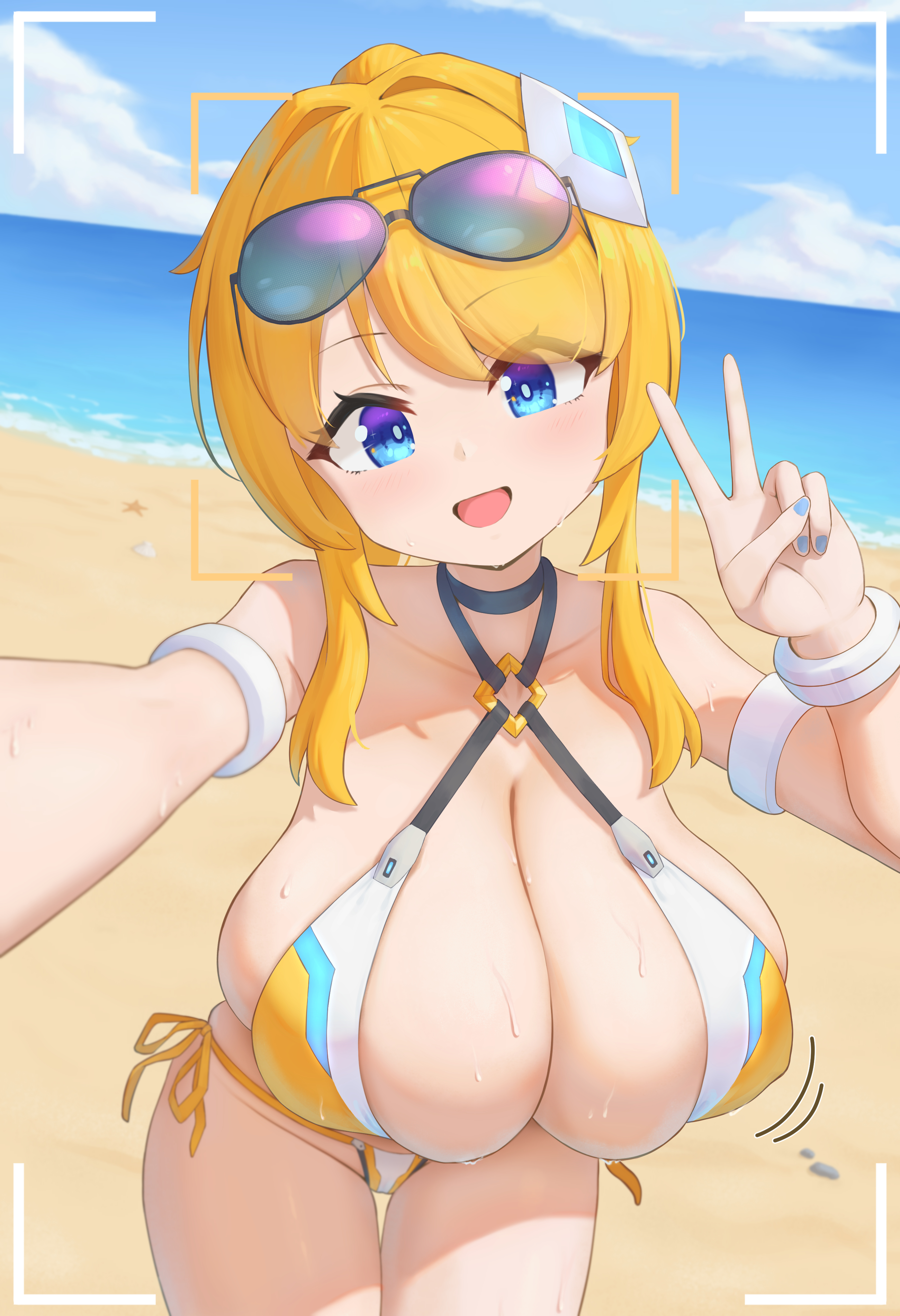 jidong gongbing, original, absurdres, highres, 1girl, :d, armlet, bare shoulders, beach, bikini, blonde hair, blue eyes, blue nails, blue sky, bracelet, breasts, cleavage, cloud, collarbone, cowboy shot, criss-cross halter, day, eyewear on head, hair ornament, halterneck, hand up, head tilt, high ponytail, huge breasts, jewelry, leaning forward, long hair, looking at viewer, multicolored bikini, nail polish, ocean, open mouth, outdoors, outstretched arm, ponytail, selfie, side-tie bikini bottom, sidelocks, skindentation, sky, smile, solo, sunglasses, swept bangs, swimsuit, thigh gap, v, wet