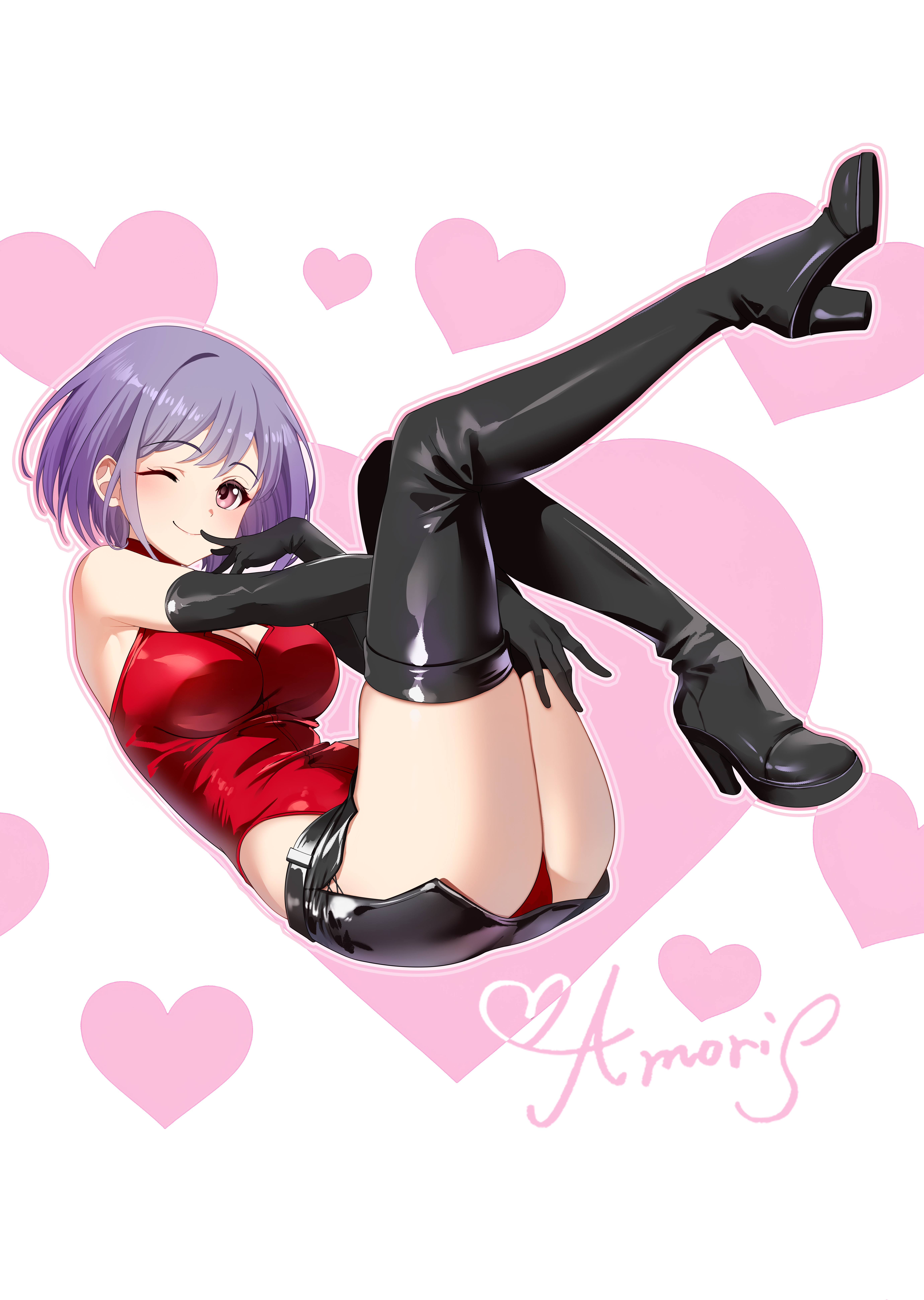 dopamine70, yuutenji nyamu, bang dream!, bang dream! it's mygo!!!!!, absurdres, commentary, highres, symbol-only commentary, 1girl, ;), alternate costume, bare shoulders, black boots, black gloves, black shorts, boots, breasts, character name, cleavage cutout, closed mouth, clothing cutout, collar, cross-laced slit, elbow gloves, full body, gloves, hand to own mouth, heart, heart background, high heel boots, high heels, invisible chair, large breasts, legs, legs up, leotard, leotard under clothes, looking at viewer, one eye closed, pink eyes, purple hair, reclining, red collar, red leotard, short hair, short shorts, shorts, side slit, side slit shorts, sitting, smile, solo, thigh boots, white background