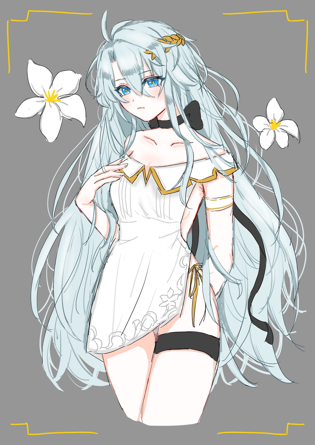 phainon (honkai: star rail), honkai: star rail, honkai (series), commentary request, highres, 1girl, ahoge, alternate costume, arm behind back, arm strap, black bow, blue eyes, bow, bow choker, breasts, bright pupils, choker, closed mouth, collarbone, cropped legs, curtained hair, double-parted bangs, dress, expressionless, floral background, flower, genderswap, genderswap (mtf), grey background, hair between eyes, hair ornament, hand on own chest, hand up, leaf hair ornament, long hair, looking ahead, medium breasts, nibiironosky, off-shoulder dress, off shoulder, short dress, side-tie peek, side slit, sideboob, sideless dress, sideless outfit, solo, standing, symbol in eye, thigh gap, thigh strap, thighs, very long hair, white dress, white flower, white hair, yellow pupils