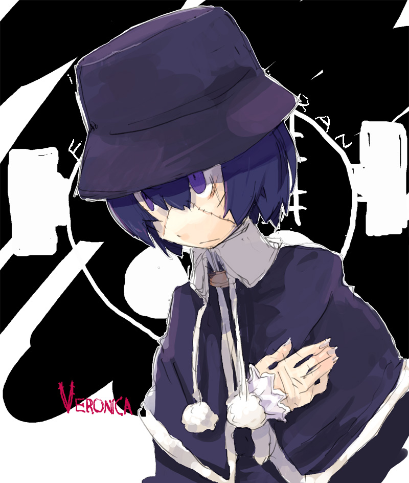 hashimoto shin, madaraki veronica, franken fran, 1girl, blue eyes, blue hair, character name, female focus, hat, matching hair/eyes, scar, short hair, solo, stitches