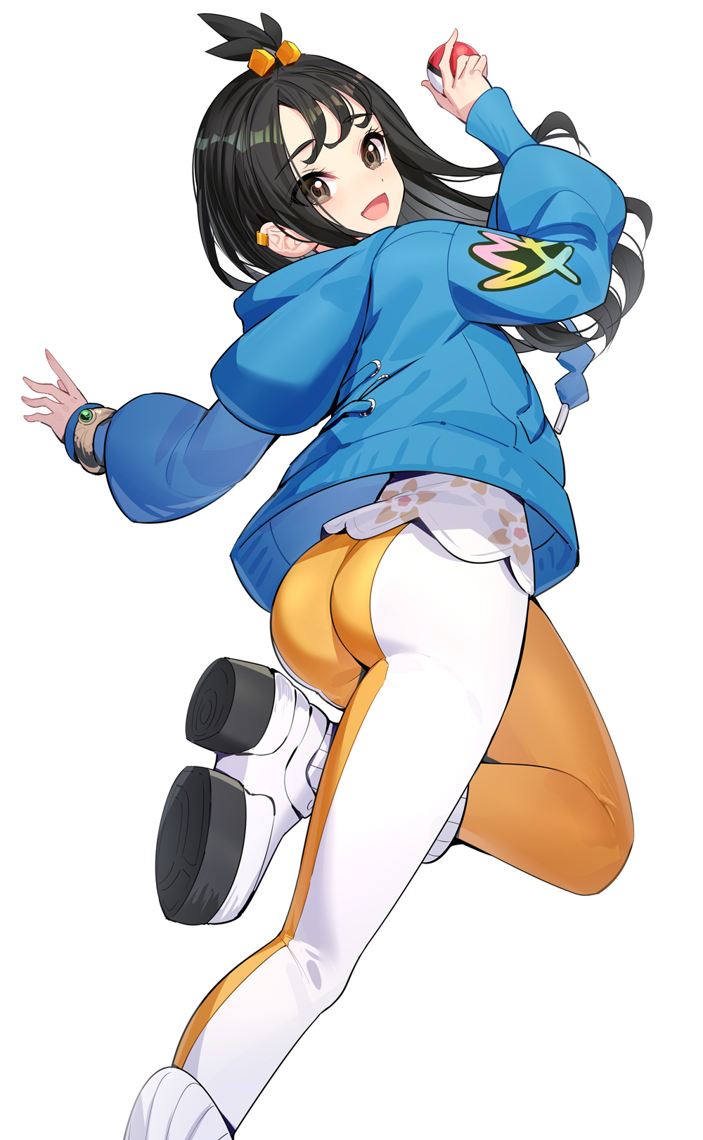 ririko (zhuoyandesailaer), lida (pokemon), nintendo, pokemon, pokemon legends: z-a, highres, 1girl, :d, ass, black hair, blue jacket, bracelet, ear piercing, grey eyes, holding, holding poke ball, hood, hooded jacket, jacket, jewelry, mega ring, open mouth, piercing, poke ball, poke ball (basic), shoes, simple background, skin tight, smile, solo, white background, white shoes