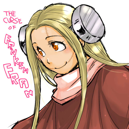 madaraki fran, franken fran, lowres, 1girl, blonde hair, bolt (hardware), electrodes, female focus, glasgow smile, red eyes, scar, solo, stitches