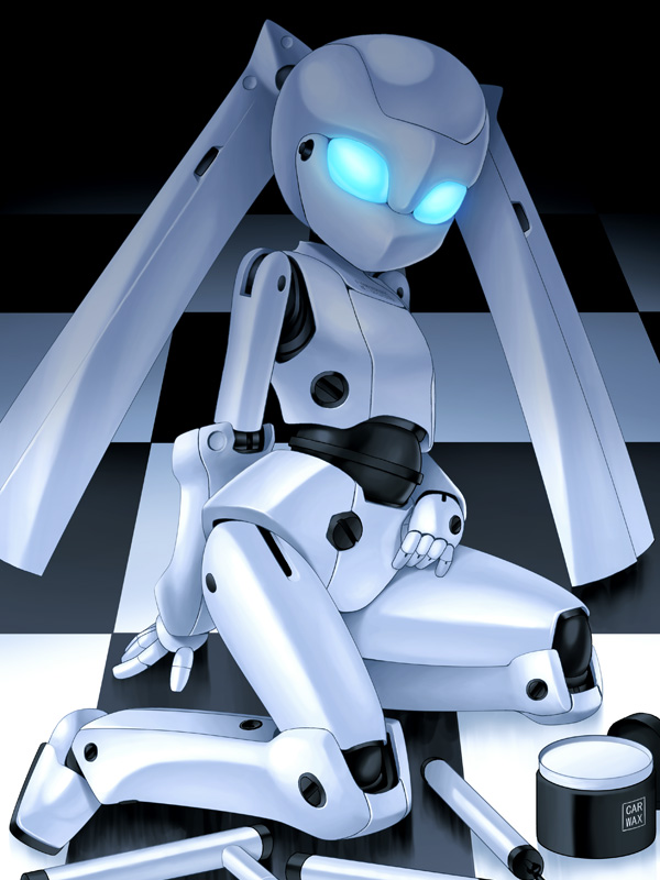 noise (lesion949), drossel von flugel, disney, fireball (series), 1girl, android, blue eyes, blue theme, canister, checkered floor, female focus, floor, joints, monochrome, perspective, robot, robot ears, robot joints, solid eyes, solo, twintails