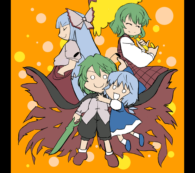 azuki osamitsu, cirno, fujiwara no mokou, kazami yuuka, wriggle nightbug, touhou, 4girls, :d, antennae, ascot, blue hair, cape, chibi, closed eyes, female focus, green hair, hair ribbon, long hair, multiple girls, o o, open mouth, parody, plaid clothes, plaid skirt, plaid vest, ribbon, short hair, skirt, skirt set, smile, style parody, vest