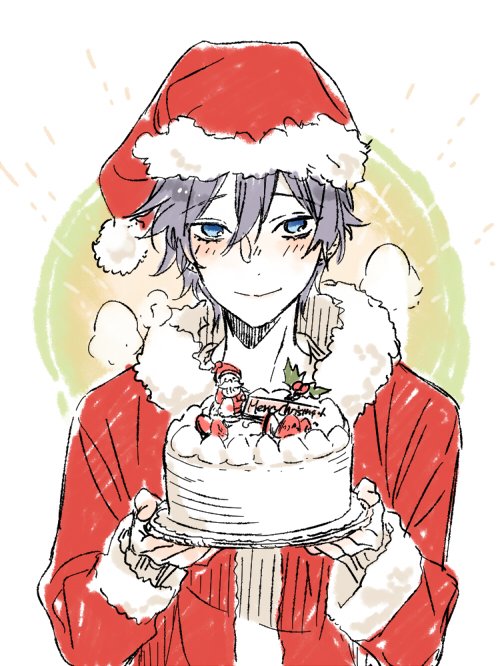 hagiwara daisuke, miyamura izumi, hori-san to miyamura-kun, commentary request, 1boy, black hair, blue eyes, cake, christmas, closed mouth, food, fur trim, hair between eyes, hands up, hat, holding, holding plate, long sleeves, looking at viewer, male focus, merry christmas, plate, santa costume, santa hat, short hair, smile, solo, upper body
