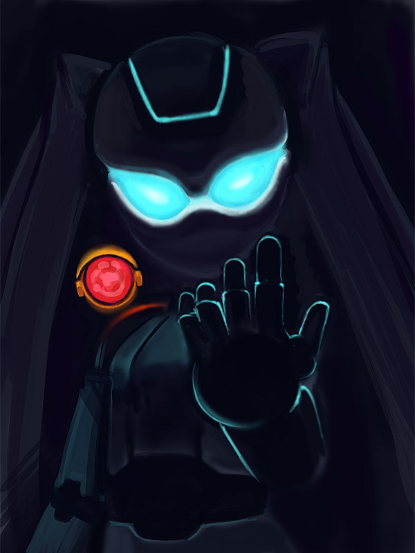 tenshiu, drossel von flugel, gedachtnis, disney, fireball (series), bad id, bad pixiv id, android, blue eyes, dark, glowing, glowing eyes, robot, robot ears, solo
