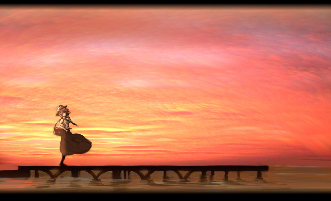 yoshioka yoshiko, usami renko, ghostly field club, touhou, 1girl, cloud, female focus, full body, outdoors, pier, scenery, sky, solo, standing, sunset, water, wind