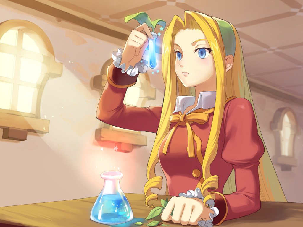 caesty, cloe da pontina, nexon, tales weaver, commentary, english commentary, official art, 1girl, blonde hair, blue eyes, blush, breasts, buttons, classroom, closed mouth, collared shirt, curtained hair, dated commentary, drill hair, erlenmeyer flask, eyelashes, flask, frilled sleeves, frills, gold buttons, green hairband, hair intakes, hairband, hand on table, holding, holding leaf, indoors, jacket, juliet sleeves, leaf, light particles, lips, long hair, long sleeves, medium breasts, nenyaffle, nenyaffle school uniform, nose, puffy sleeves, red jacket, red sleeves, ribbon, school uniform, shirt, solo, star (symbol), straight hair, sunlight, table, test tube, undershirt, upper body, very long hair, white shirt, window, wing collar, yellow ribbon