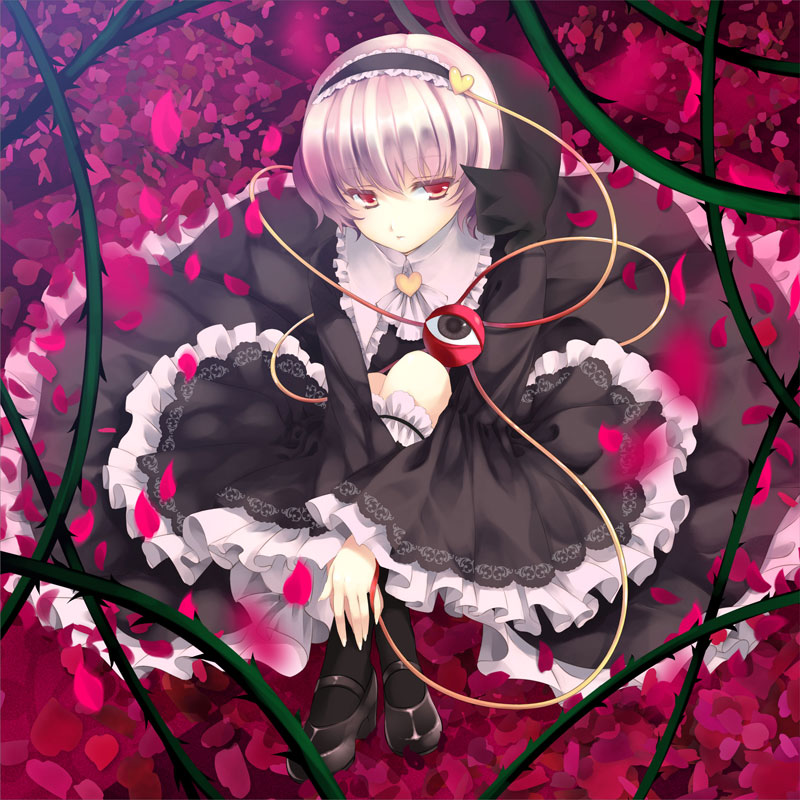 ayase hazuki, kaenbyou rin, kaenbyou rin (cat), komeiji satori, touhou, 1girl, album cover, cat, cover, dress, female focus, frills, from above, gothic lolita, hairband, high heels, hugging own legs, lolita fashion, mary janes, petals, pink hair, pumps, shoes, short hair, sitting, solo, string, thorns, wide sleeves