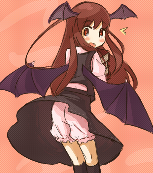 koakuma, embodiment of scarlet devil, touhou, 1girl, ass, bat wings, bloomers, blush, clothes lift, female focus, head wings, kneehighs, skirt, skirt lift, socks, solo, underwear, wings