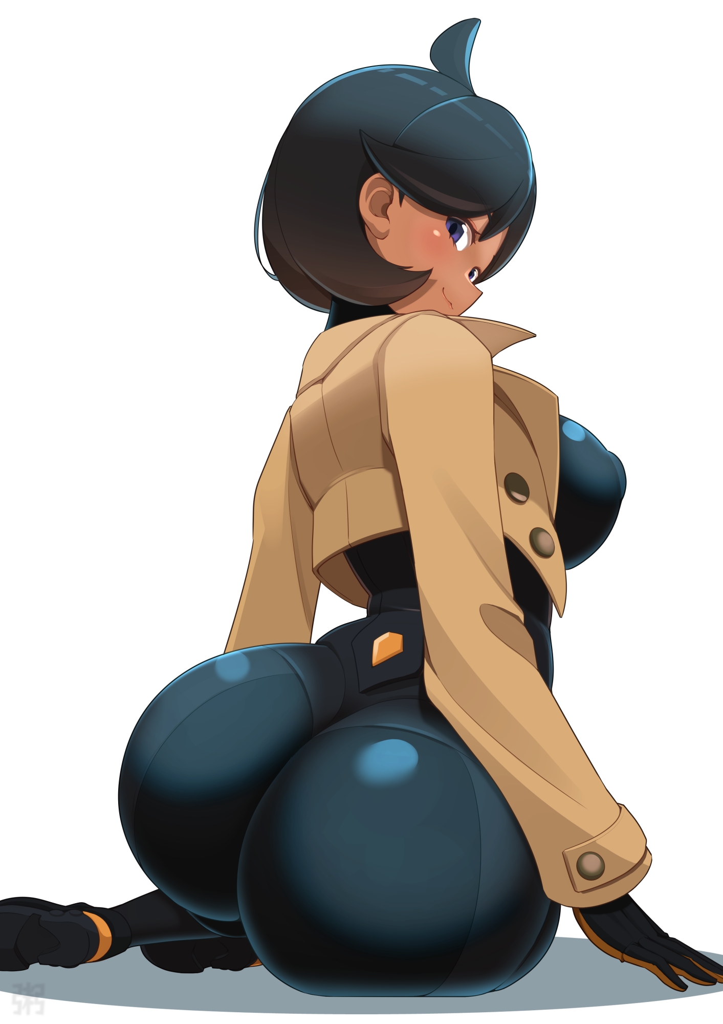 kayu (solemnly0), emma (pokemon), nintendo, pokemon, pokemon legends: z-a, highres, 1girl, :3, ahoge, ass, black bodysuit, black hair, blush, bodysuit, bodysuit under clothes, breasts, brown jacket, covered erect nipples, dark-skinned female, dark skin, from behind, huge ass, impossible bodysuit, impossible clothes, jacket, large breasts, latex, latex bodysuit, looking at viewer, looking back, purple eyes, shiny clothes, short hair, simple background, sitting, skin tight, smile, solo, white background