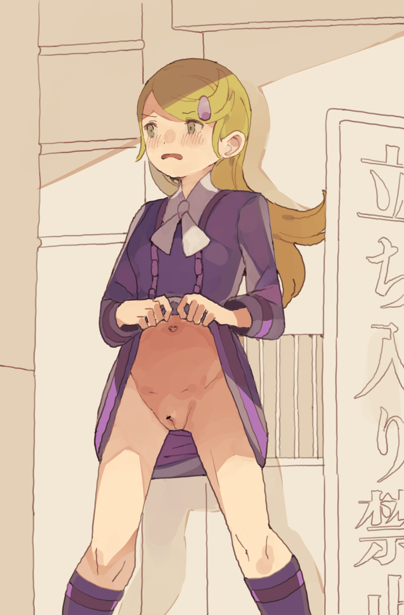 kemomimi eki, ace trainer (female) (pokemon xy), ace trainer (pokemon), nintendo, pokemon, pokemon xy, commentary request, highres, 1girl, bar censor, blonde hair, blush, bow, bowtie, breasts, censored, clothes lift, dress, dress lift, grey eyes, hair ornament, hairclip, indoors, lifting own clothes, long hair, long sleeves, looking afar, navel, no panties, open mouth, pointless censoring, purple dress, purple socks, pussy, small breasts, socks, solo, swept bangs, white bow, white bowtie