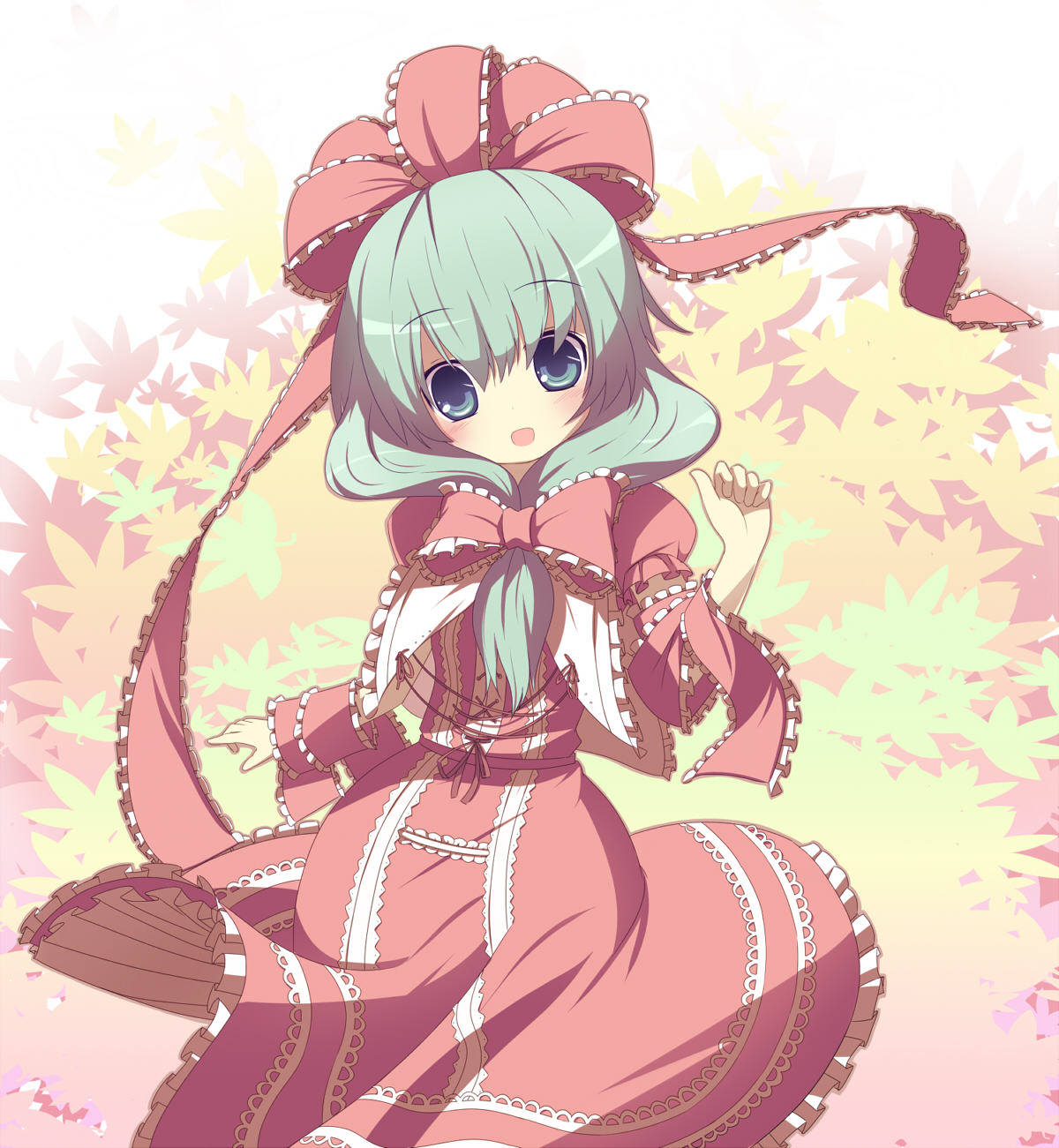 miko machi, kagiyama hina, touhou, highres, 1girl, alternate costume, arm ribbon, blonde hair, bow, female focus, frills, front ponytail, green eyes, green hair, hair ribbon, leaf, leaf background, open mouth, plant, ribbon, smile, solo, standing