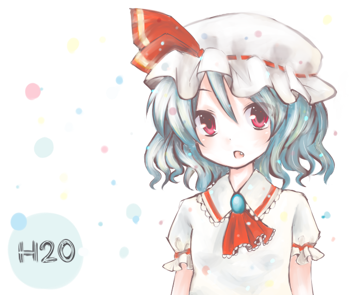 hayashiraisu, remilia scarlet, touhou, bad id, bad pixiv id, 1girl, blue hair, fang, female focus, hat, red eyes, short hair, solo, upper body, white background
