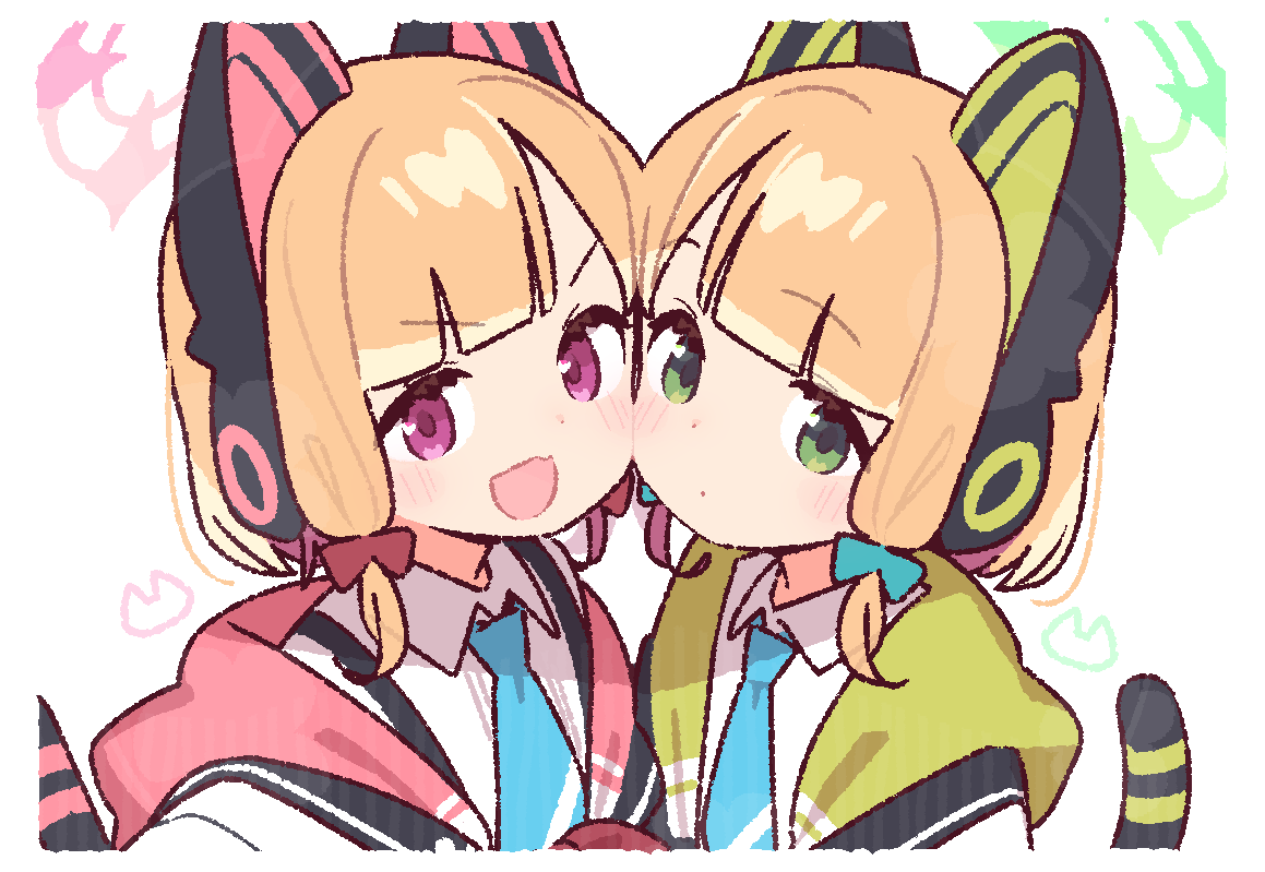 yoru nai, midori (blue archive), momoi (blue archive), blue archive, commentary request, 2girls, :d, animal ear headphones, animal ears, blonde hair, blue necktie, blunt bangs, blush, bow, cat ear headphones, cat ears, cat tail, cheek-to-cheek, closed mouth, collared shirt, dot nose, fake animal ears, fang, green bow, green eyes, green halo, hair bow, halo, headphones, heads together, hood, hooded jacket, jacket, looking at viewer, mechanical tail, multiple girls, necktie, open clothes, open jacket, open mouth, pink eyes, pink halo, red bow, shirt, short hair, skin fang, smile, tail, upper body, white jacket, white shirt