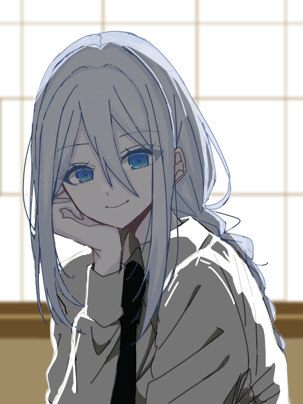 kusunoki tomori, makima (chainsaw man), yoisaki kanade, chainsaw man, project sekai, commentary request, 1girl, black necktie, blue eyes, blurry, blurry background, braid, citori 1117, closed mouth, collared shirt, cosplay, depth of field, dress shirt, from side, hair between eyes, hand on own cheek, hand on own face, hand up, head rest, indoors, long hair, long sidelocks, long sleeves, looking at viewer, makima (chainsaw man) (cosplay), necktie, ringed eyes, scene reference, shirt, sidelocks, smile, solo, turning head, upper body, voice actor connection, white hair, white shirt, window