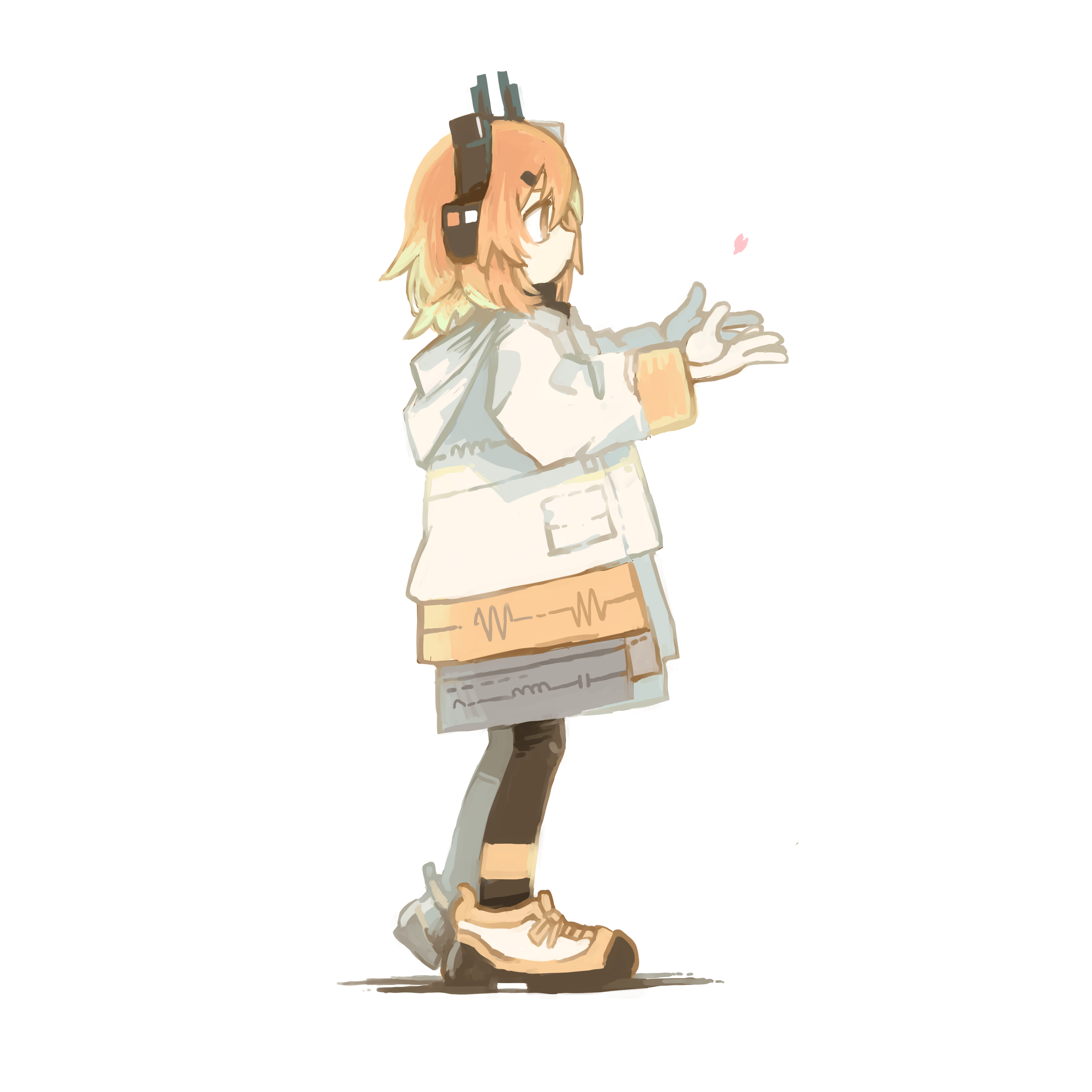 subaru namisaki, adachi rei, a.i. voice, utau, absurdres, bad id, bad pixiv id, highres, 1girl, black pantyhose, cherry blossoms, falling petals, from side, full body, gloves, hands up, headphones, heel up, hood, hood down, hooded jacket, jacket, long sleeves, looking at object, medium hair, orange eyes, orange hair, pantyhose, petals, reaching, shoes, simple background, sneakers, solo, standing, white background, white gloves, white jacket