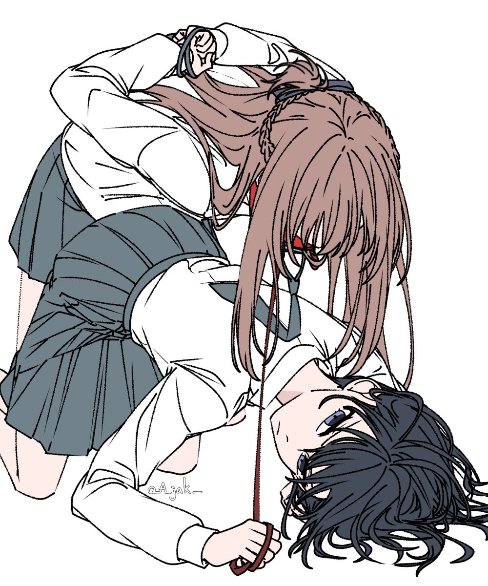 a jak, miyagi shiori, sendai hazuki, shuuniichido classmate wo kau hanashi, highres, 2girls, arms behind back, bdsm, bent over, black hair, blindfold, blue eyes, bound, bound wrists, braid, brown hair, grey necktie, grey skirt, half up braid, holding, holding leash, leash, long hair, long sleeves, multiple girls, necktie, pleated skirt, shirt, short hair, skirt, white shirt, yuri