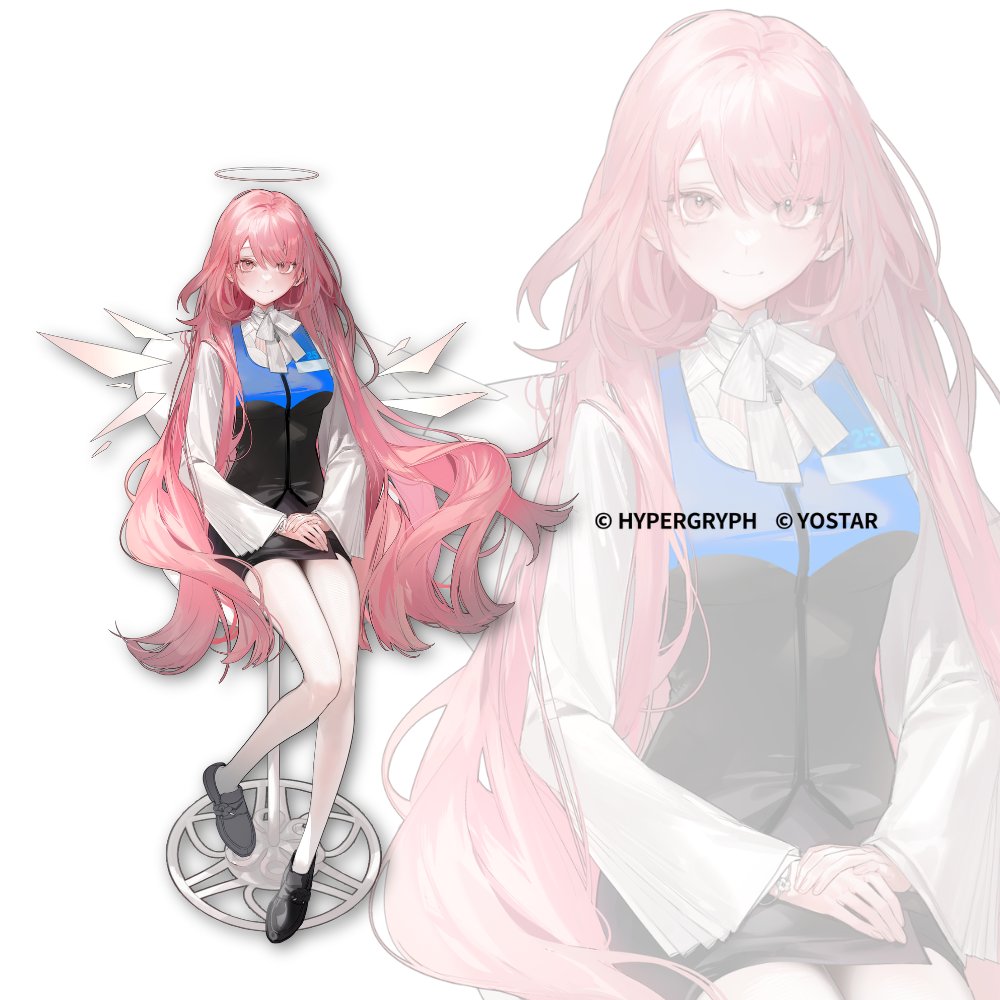 nishikikope, lemuen (arknights), arknights, official art, 1girl, black skirt, closed mouth, detached wings, energy wings, full body, halo, long hair, looking at viewer, pantyhose, pink hair, shirt, shoes, simple background, sitting, skirt, smile, solo, very long hair, white background, white pantyhose, wings, zoom layer