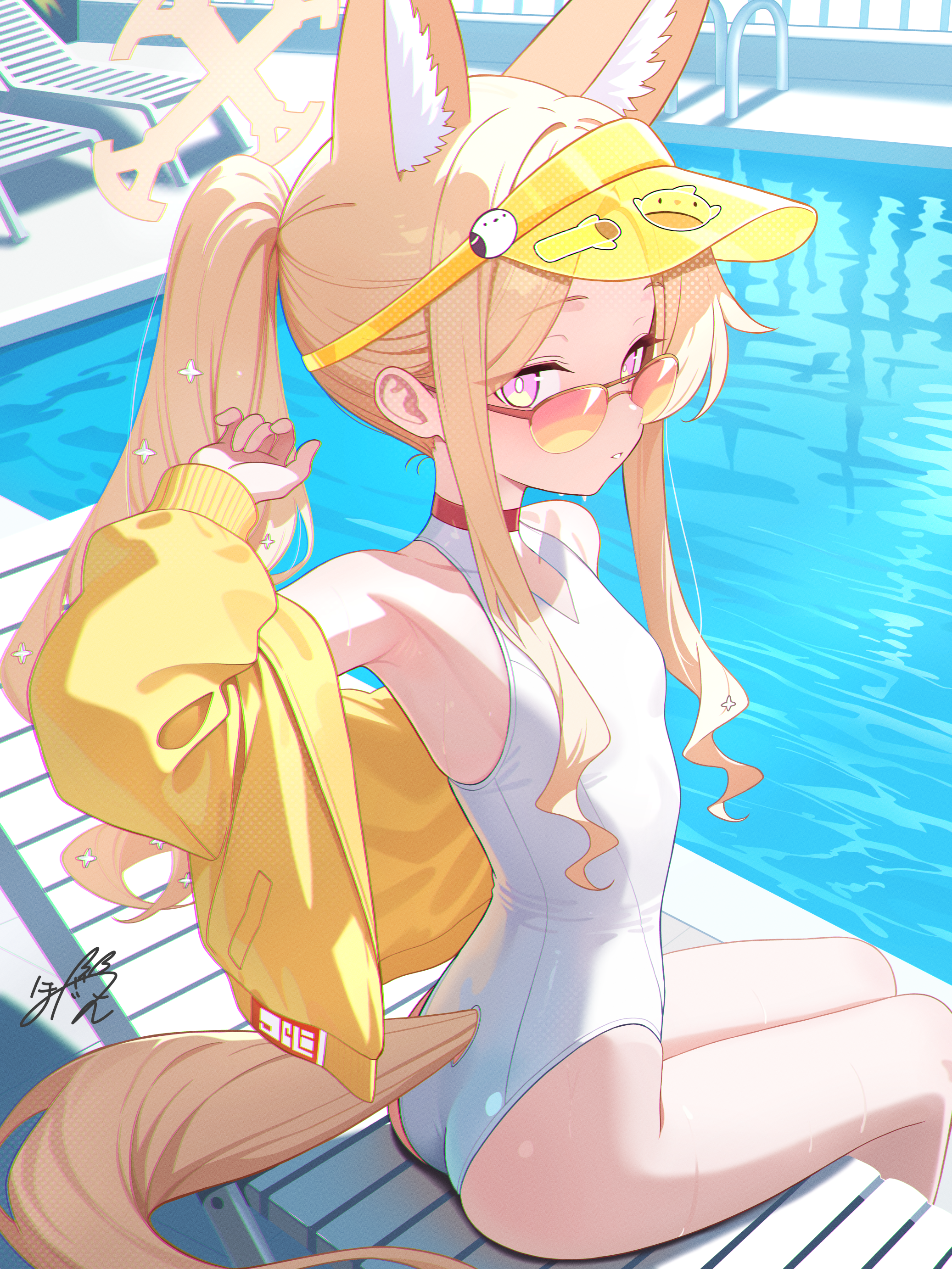 honyara-san, seia (blue archive), seia (swimsuit) (blue archive), blue archive, absurdres, highres, 1girl, animal ear fluff, animal ears, armpits, ass, bare legs, bare shoulders, beach chair, blonde hair, breasts, chair, clothing cutout, cross halo, diamond cutout, extra ears, feet out of frame, fox ears, fox girl, fox tail, from behind, halo, hand up, highleg, highleg one-piece swimsuit, jacket, loli, long hair, long sidelocks, long sleeves, looking at viewer, off shoulder, official alternate costume, official alternate hairstyle, on chair, one-piece swimsuit, open clothes, open jacket, orange-tinted eyewear, parted lips, ponytail, pool, pool ladder, poolside, purple eyes, sidelocks, sitting, small breasts, solo, sunlight, swimsuit, tail, tail through clothes, thighs, tinted eyewear, very long hair, visor cap, wet, white one-piece swimsuit, yellow halo, yellow jacket, yellow visor