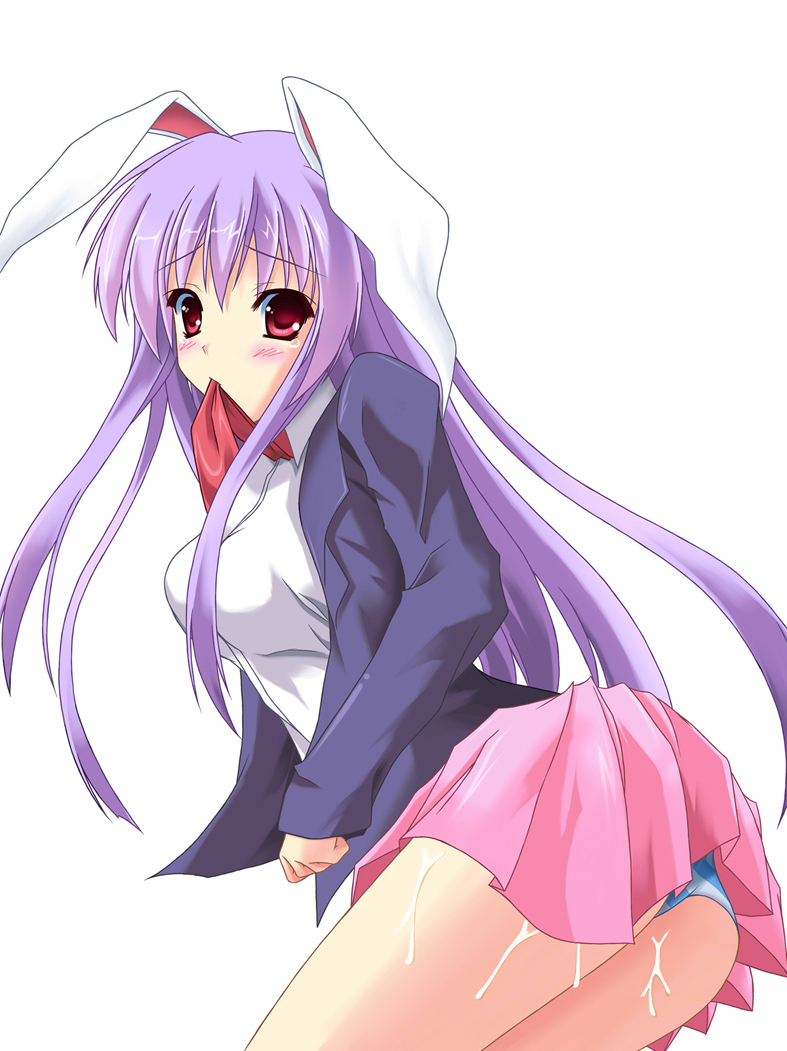kurochima, reisen udongein inaba, touhou, 1girl, animal ears, ass, cum, cum on ass, cum on body, female focus, long hair, panties, rabbit ears, simple background, solo, striped clothes, striped panties, underwear, white background