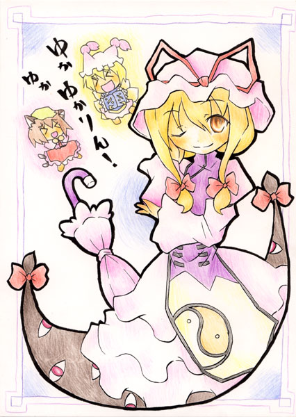 ara ta, harada (sansei rain), chen, yakumo ran, yakumo yukari, touhou, bad id, bad pixiv id, translation request, 3girls, animal ears, animal hat, blonde hair, brown hair, cat ears, cat girl, cat tail, female focus, fox tail, gap (touhou), hair ribbon, hands in opposite sleeves, hat, long sleeves, mob cap, multiple girls, one eye closed, parasol, ribbon, short hair, tail, tassel, umbrella, wide sleeves, wink, yellow eyes