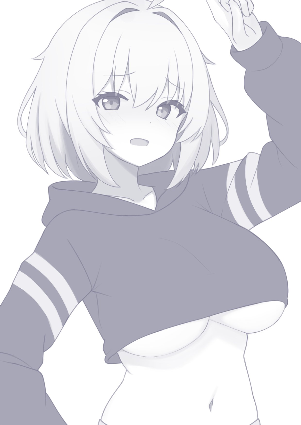 mikoscrub, original, commentary, highres, 1girl, ahoge, breasts, crop top, crop top overhang, cropped hoodie, greyscale, hair intakes, hood, hoodie, large breasts, monochrome, navel, solo, underboob, upper body