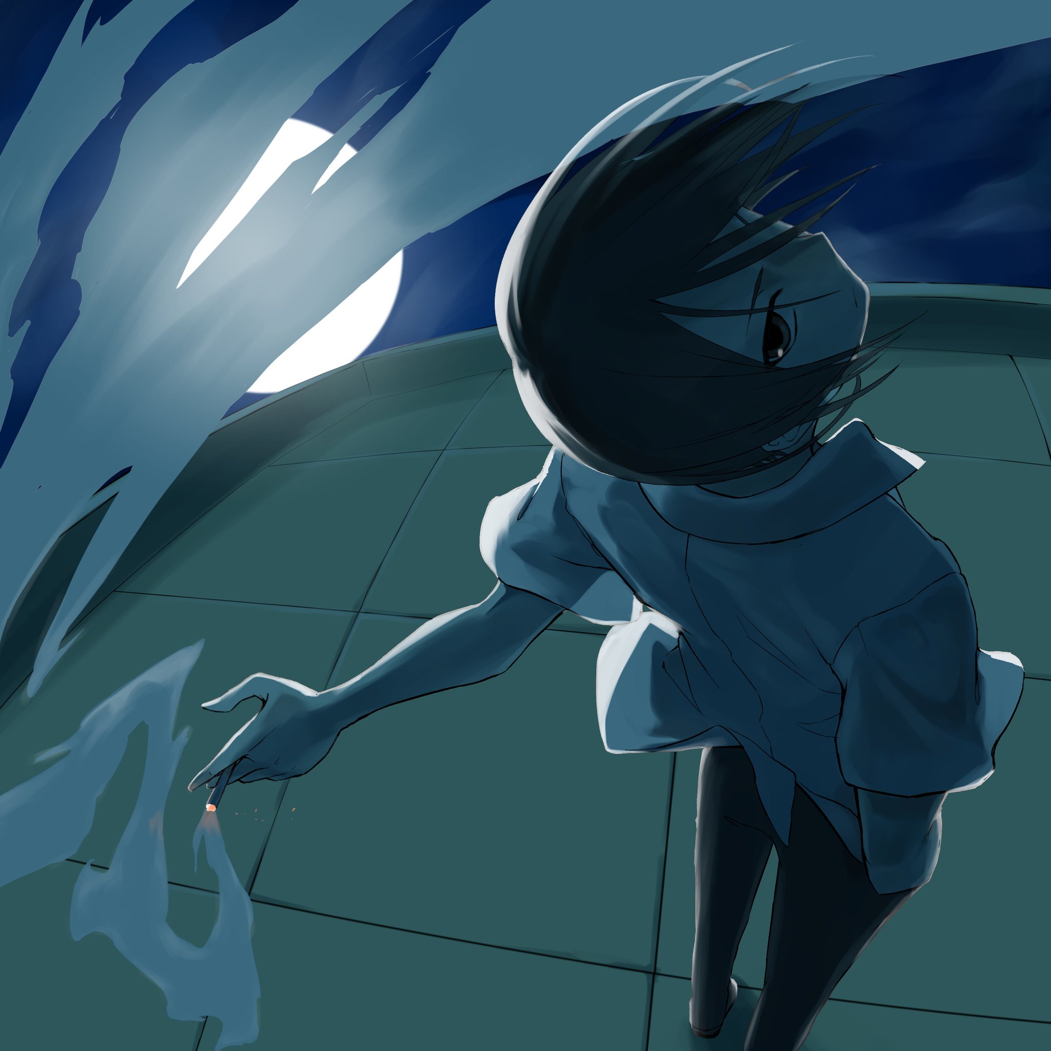 kukik0701, yuuki tomosane, subarashiki hibi, commentary request, highres, 1boy, between fingers, black eyes, black hair, black pants, cigarette, closed mouth, collared shirt, fisheye, floating hair, foreshortening, from behind, full moon, hand in pocket, head tilt, holding, holding cigarette, looking at viewer, looking back, male focus, moon, night, on rooftop, outdoors, pants, shirt, short hair, short sleeves, smoke, solo, standing, white shirt