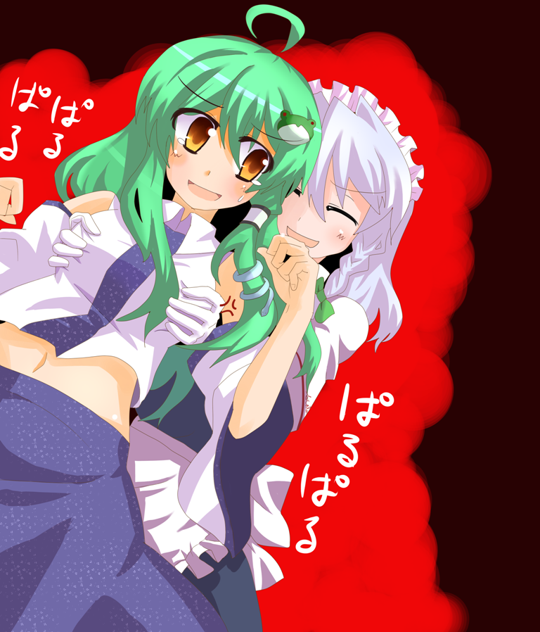 akatoro (nightlord), toro (pixiv), izayoi sakuya, kochiya sanae, touhou, 2girls, breast envy, breasts, female focus, grabbing another's breast, groping, multiple girls, you gonna get raped, yuri