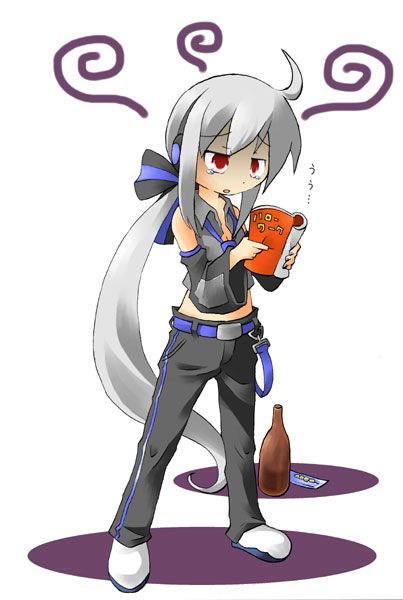 ara ta, harada (sansei rain), yowane haku, vocaloid, silver hair, bad id, bad pixiv id, 1girl, blouse, detached sleeves, female focus, grey shirt, long hair, pants, red eyes, shirt, solo, tears