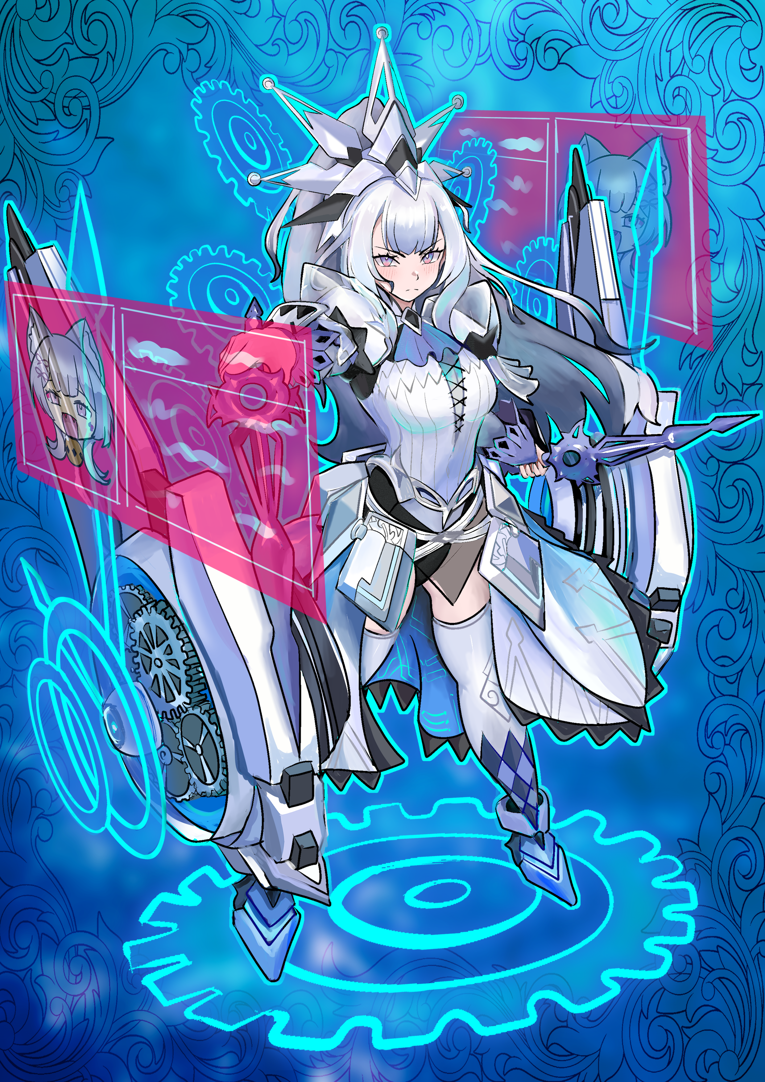 xzon (chai z), maliss <p> chessy cat, maliss <q> white binder, yu-gi-oh!, absurdres, highres, 1girl, blush, closed mouth, crown, dress, dual wielding, duel monster, holding, holding sword, holding weapon, long hair, looking at viewer, pink eyes, sword, thighhighs, very long hair, weapon, white dress, white hair, white thighhighs