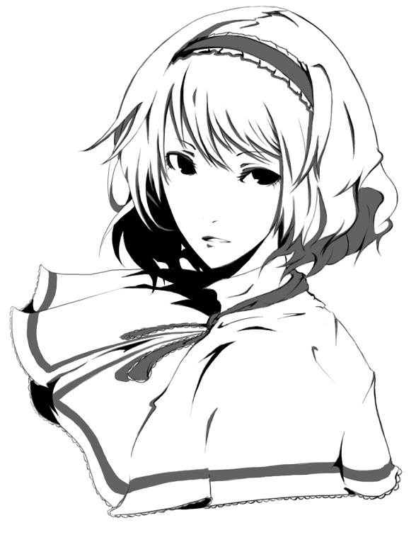 32, alice margatroid, touhou, 1girl, :d, female focus, greyscale, hairband, looking at viewer, monochrome, open mouth, parted lips, short hair, simple background, smile, solo, upper body, white background