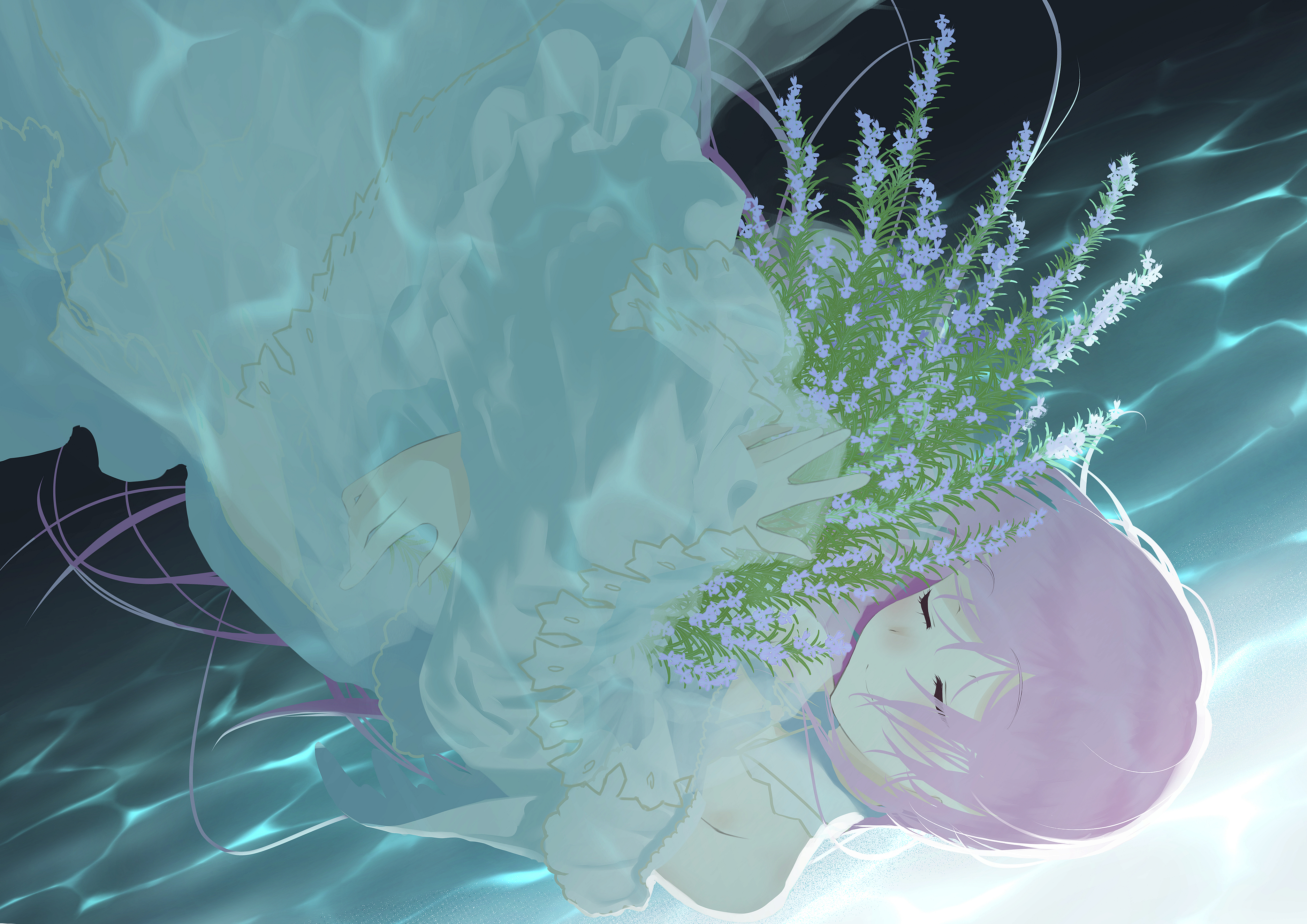 kukik0701, yuuhi riri, yuuhi riri (6th costume), nijisanji, absurdres, commentary request, flower request, highres, 1girl, alternate hair length, alternate hairstyle, bare shoulders, blush, bouquet, caustics, closed eyes, closed mouth, cowboy shot, dress, flower, frilled dress, frills, holding, holding bouquet, hugging object, long hair, long sleeves, off-shoulder dress, off shoulder, pink hair, sinking, solo, underwater, upside-down, virtual youtuber, white dress