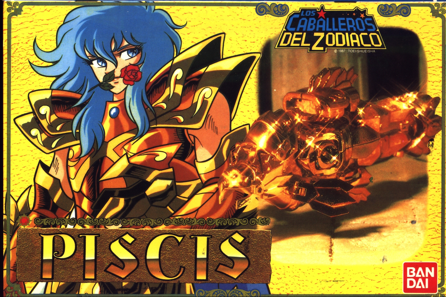 pisces aphrodite, saint seiya, official art, scan, 1boy, armor, blue eyes, blue hair, cover, elbow gloves, figure, flower, gauntlets, gloves, jewelry, lips, long hair, male focus, matching hair/eyes, mouth hold, rose, saint seiya figures, shiny clothes, solo, spanish text