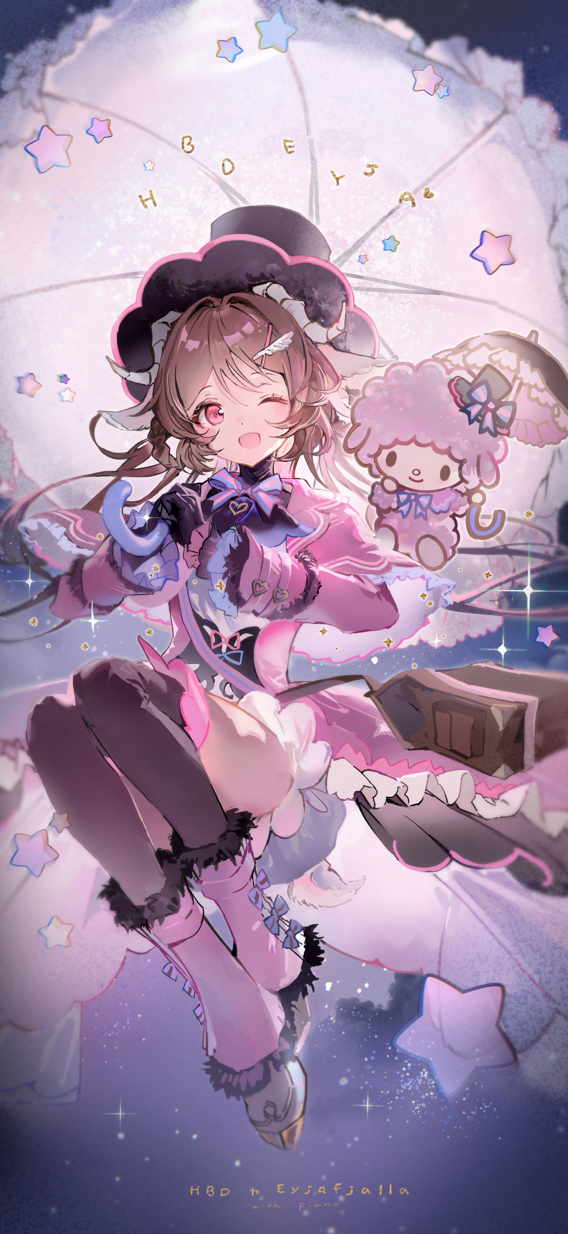 anmi, eyjafjalla (arknights), my sweet piano, arknights, absurdres, commentary request, highres, 1girl, animal ears, black gloves, black hat, black thighhighs, blue bow, blue bowtie, bow, bowtie, brown hair, capelet, dress, eyjafjalla (fluffy little witch) (arknights), full body, gloves, hair spread out, happy birthday, hat, holding, holding umbrella, horns, long hair, long sleeves, looking at viewer, official alternate costume, one eye closed, open mouth, parasol, pink bow, pink bowtie, pink capelet, pink dress, pink eyes, sheep ears, sheep girl, sheep horns, smile, star (symbol), thighhighs, top hat, two-tone bow, two-tone bowtie, umbrella