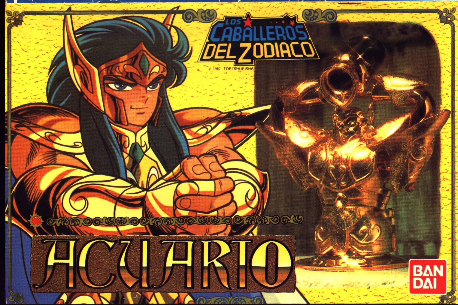 aquarius camus, saint seiya, official art, scan, 1boy, armor, black hair, blue eyes, cape, cover, fantasy, figure, fingerless gloves, gloves, helm, helmet, jewelry, long hair, male focus, own hands clasped, own hands together, saint seiya figures, shiny clothes, smile, solo, spanish text