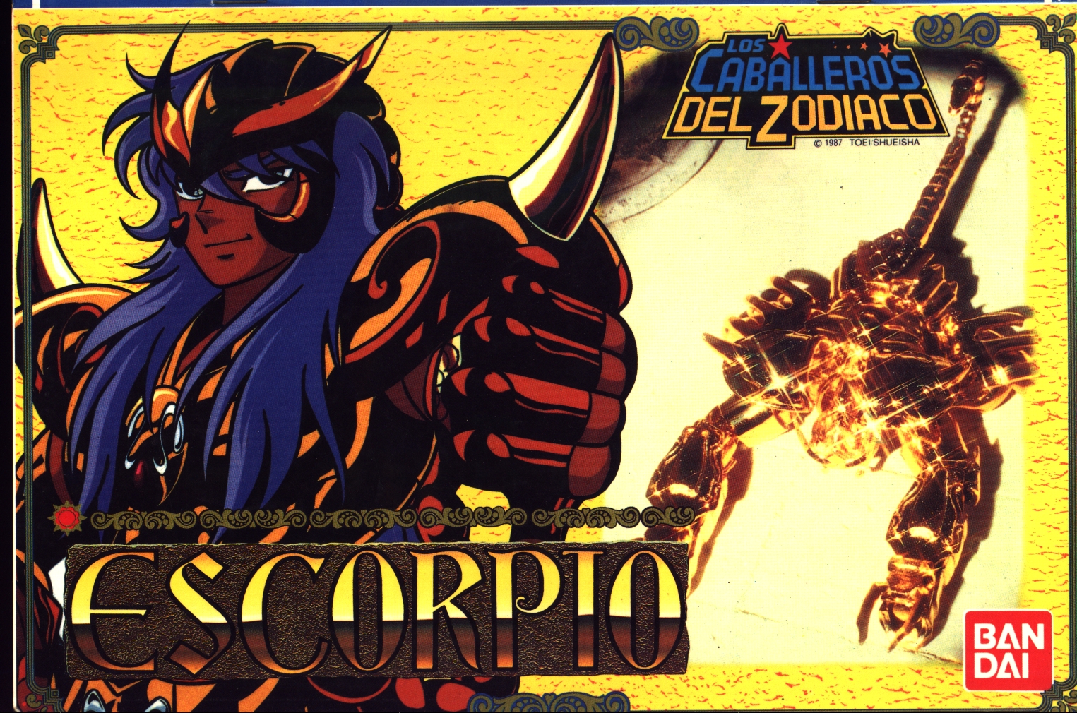 scorpio milo, saint seiya, official art, scan, 1boy, armor, blue hair, cover, dark-skinned male, dark skin, figure, hand on own hip, helm, helmet, horns, long hair, male focus, saint seiya figures, scorpion, shiny clothes, smile, solo, spanish text, thumbs up