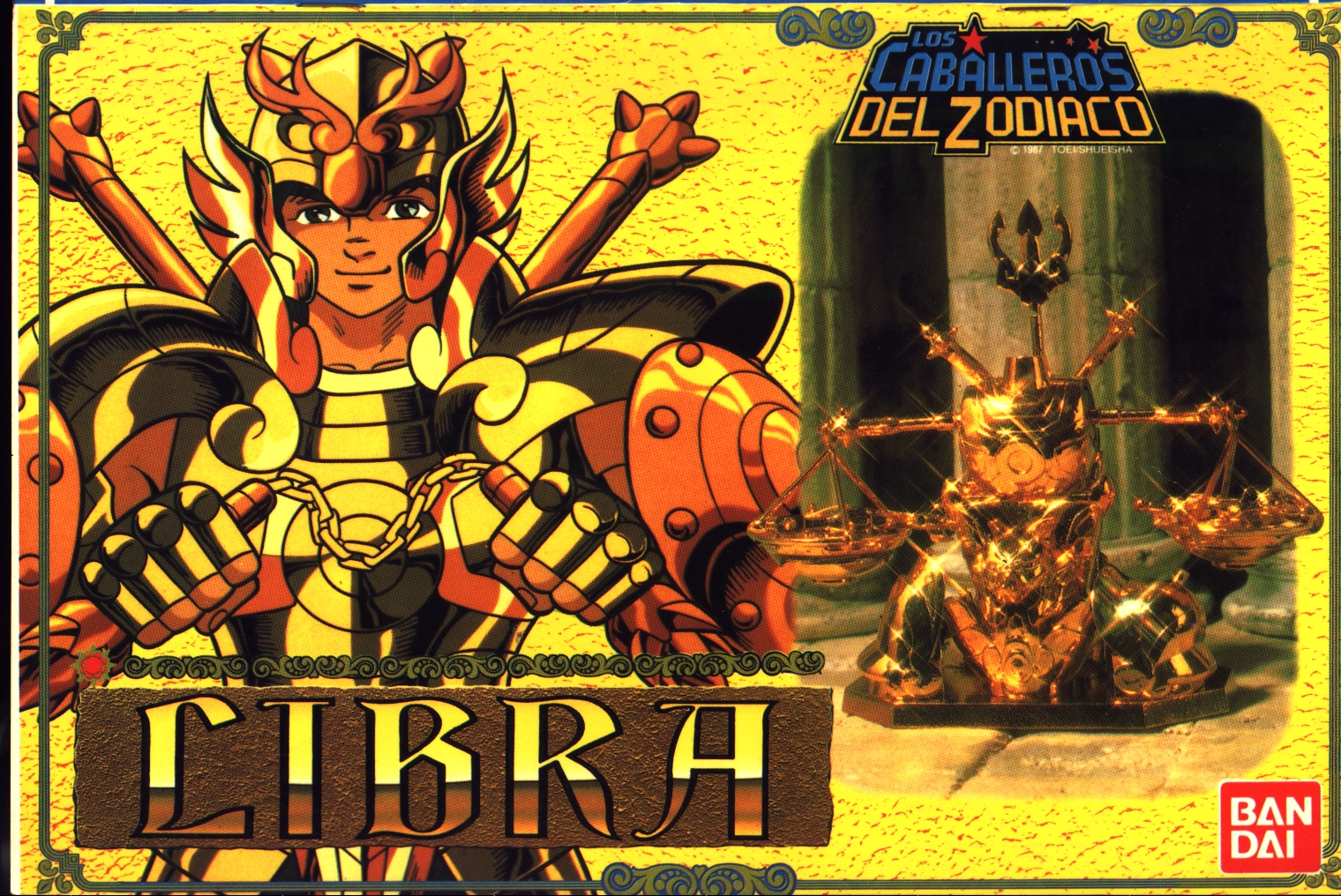 libra douko, saint seiya, official art, scan, 1boy, armor, chain, cover, figure, fingerless gloves, gloves, helm, helmet, horns, male focus, nunchaku, saint seiya figures, shield, shiny clothes, smile, solo, spanish text, tan, weapon, winged helmet