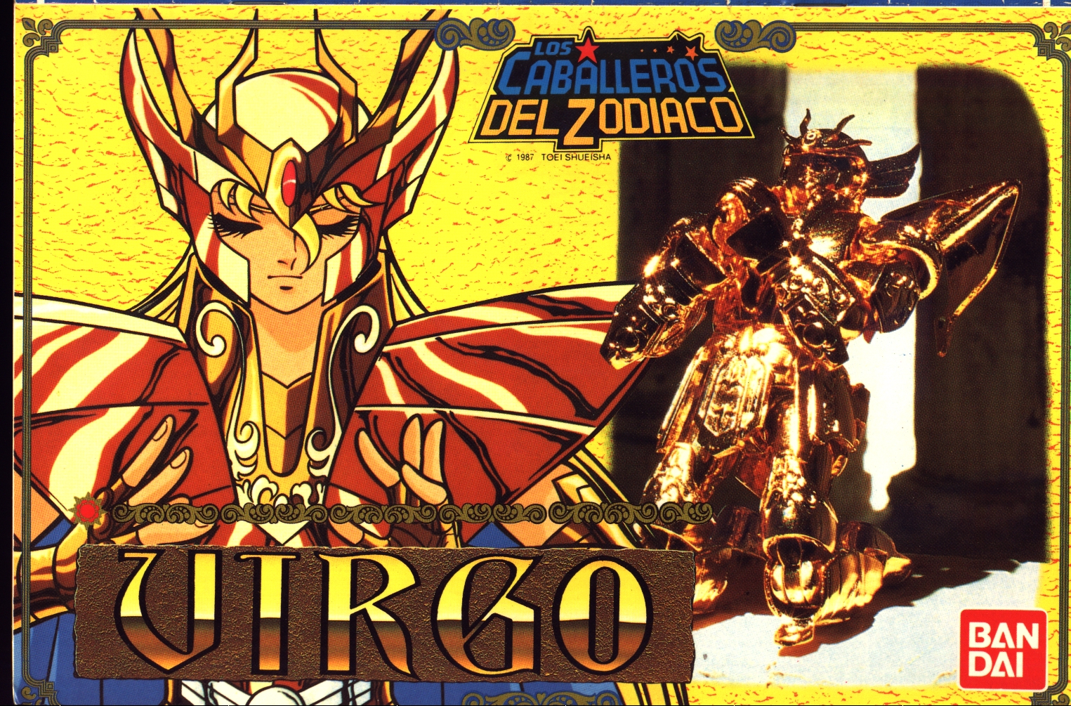 virgo shaka, saint seiya, official art, scan, 1boy, armor, blonde hair, cape, closed eyes, cover, elbow gloves, eyelashes, figure, fingerless gloves, gloves, helm, helmet, jewelry, kneeling, long hair, male focus, own hands clasped, own hands together, praying, saint seiya figures, shiny clothes, solo, spanish text